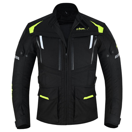Front view of a black textile adventure touring motorcycle jacket, open to show the storm flap and main zipper, featuring hi-vis yellow accents, four external pockets, and silver reflective stripes.