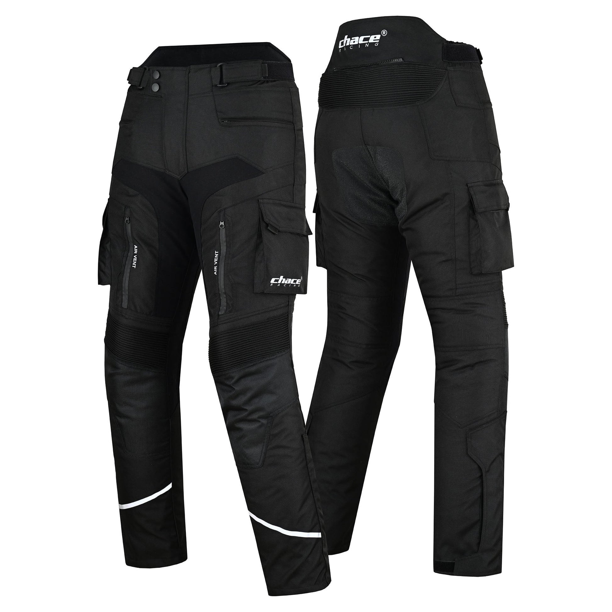 A composite image showing both the front and rear views of the black leather racing trousers, highlighting the knee sliders on the front pair and the contoured seat panel on the back pair.