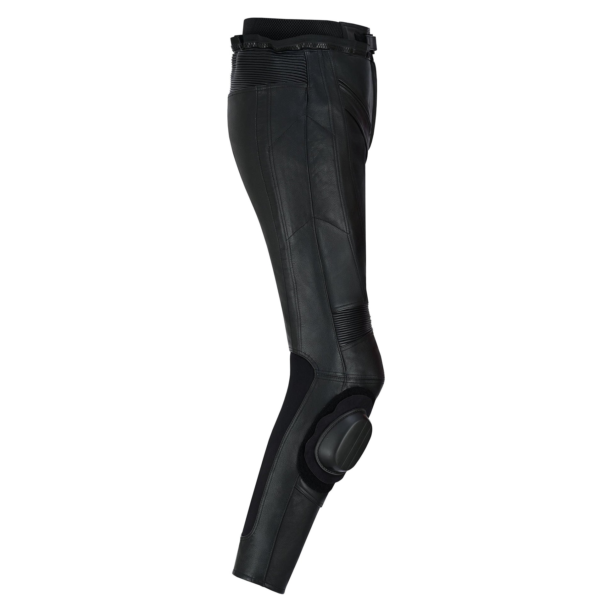 Full side profile view of the black leather racing trousers, showing the contoured fit, the accordion stretch panel above the knee, and the external knee slider.
