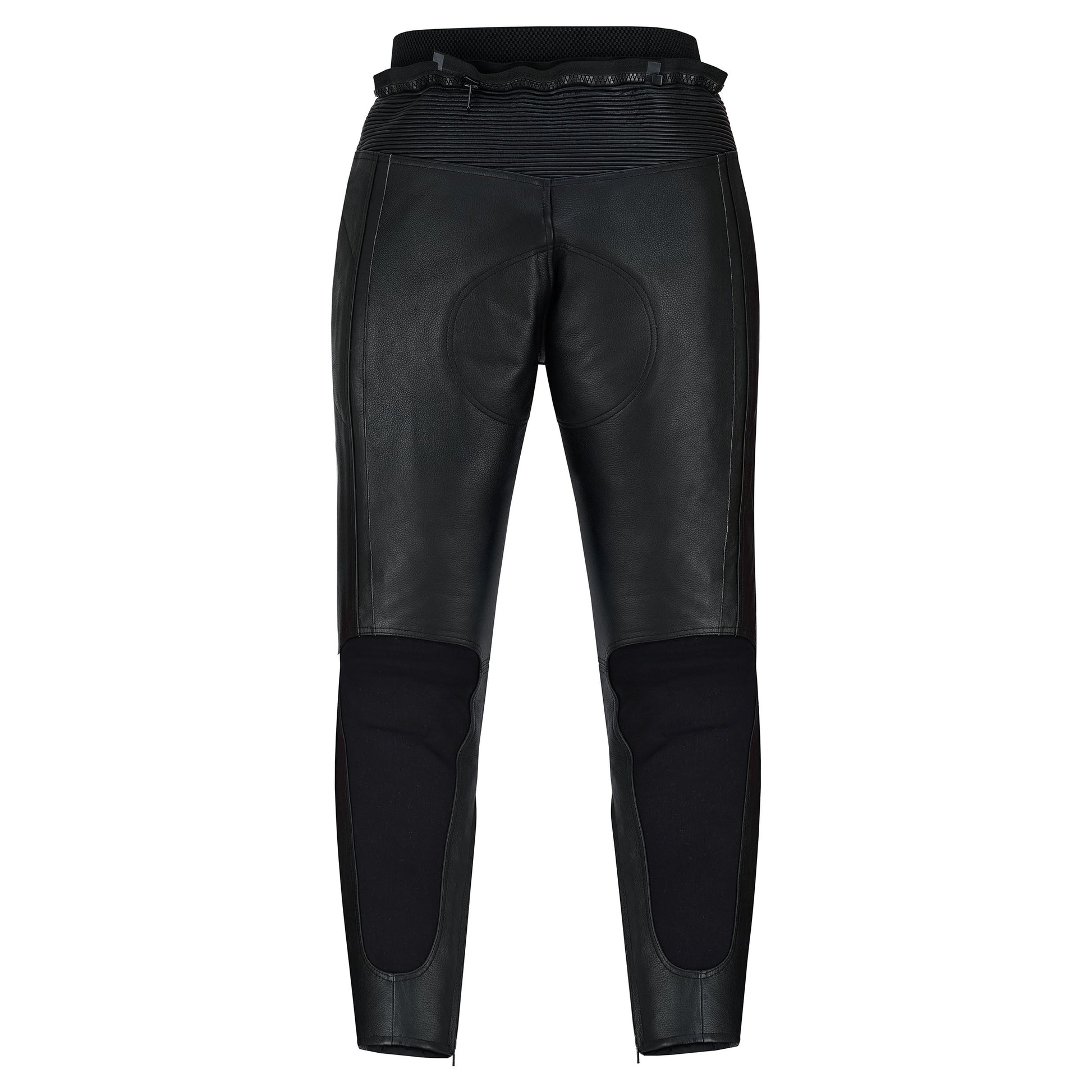 Full rear view of the black leather motorcycle trousers, showing the contoured seat panel, the ribbed elastic waist, and the large black stretch textile panel below the knees.