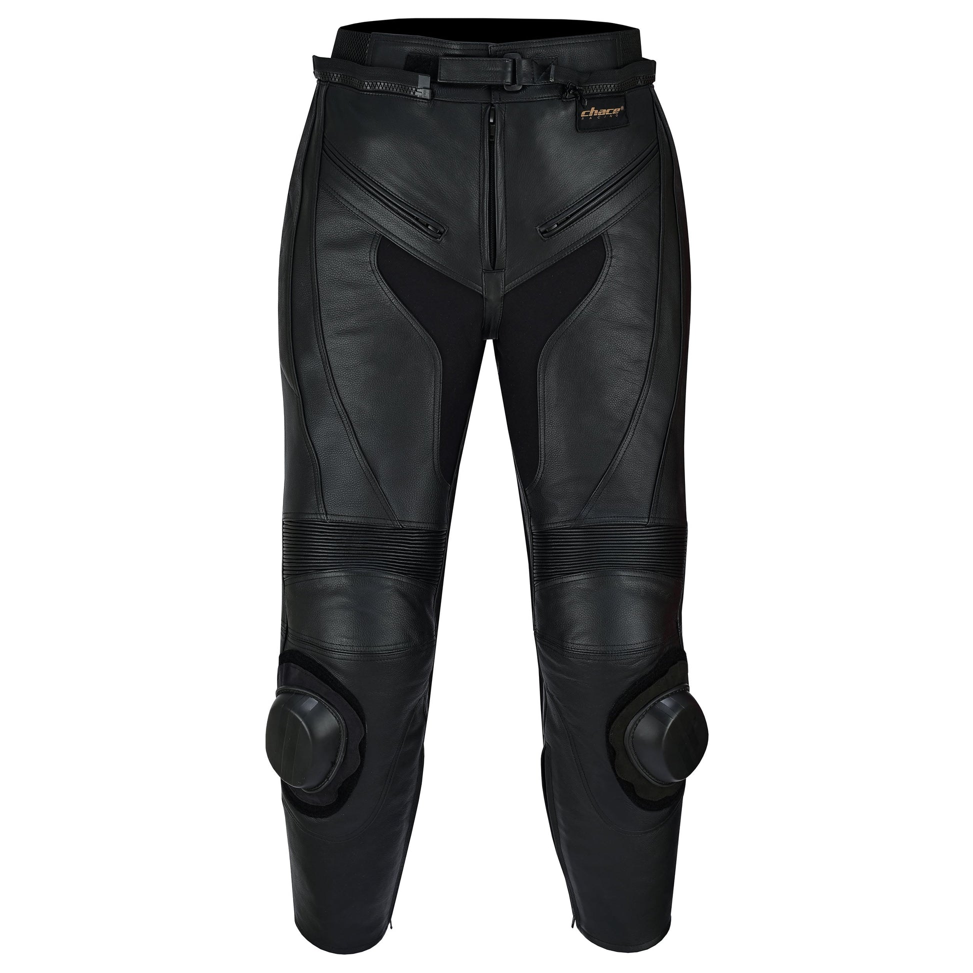 Full front view of black leather motorcycle racing trousers featuring knee sliders, accordion stretch panels above the knees, and zippered fly and pockets, against a white background.