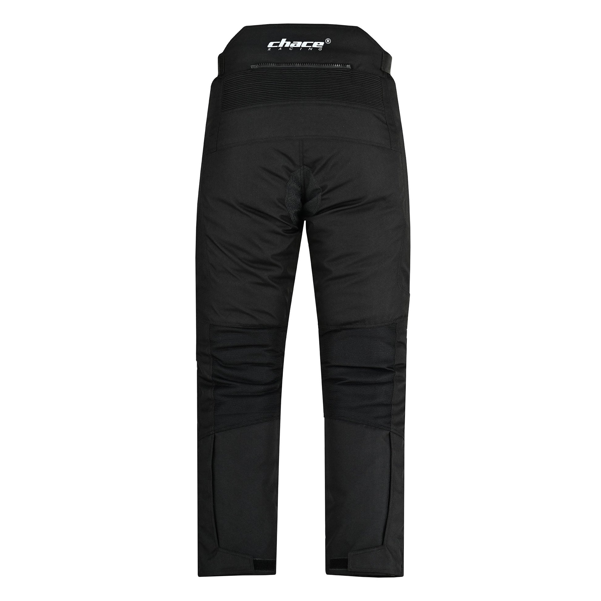 Full rear view of the black textile trousers, highlighting the large accordion stretch panel at the lumbar/waist and the contoured fit of the seat.