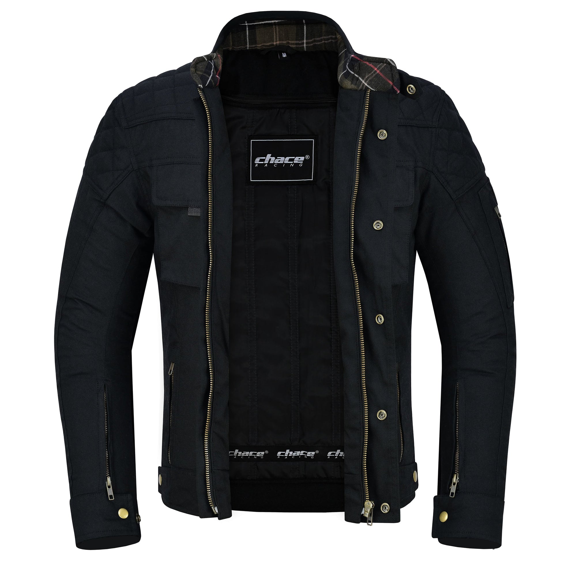 The black motorcycle jacket is unzipped and open, revealing the thermal or protective interior lining, the branded tag, and the tartan plaid collar detailing.