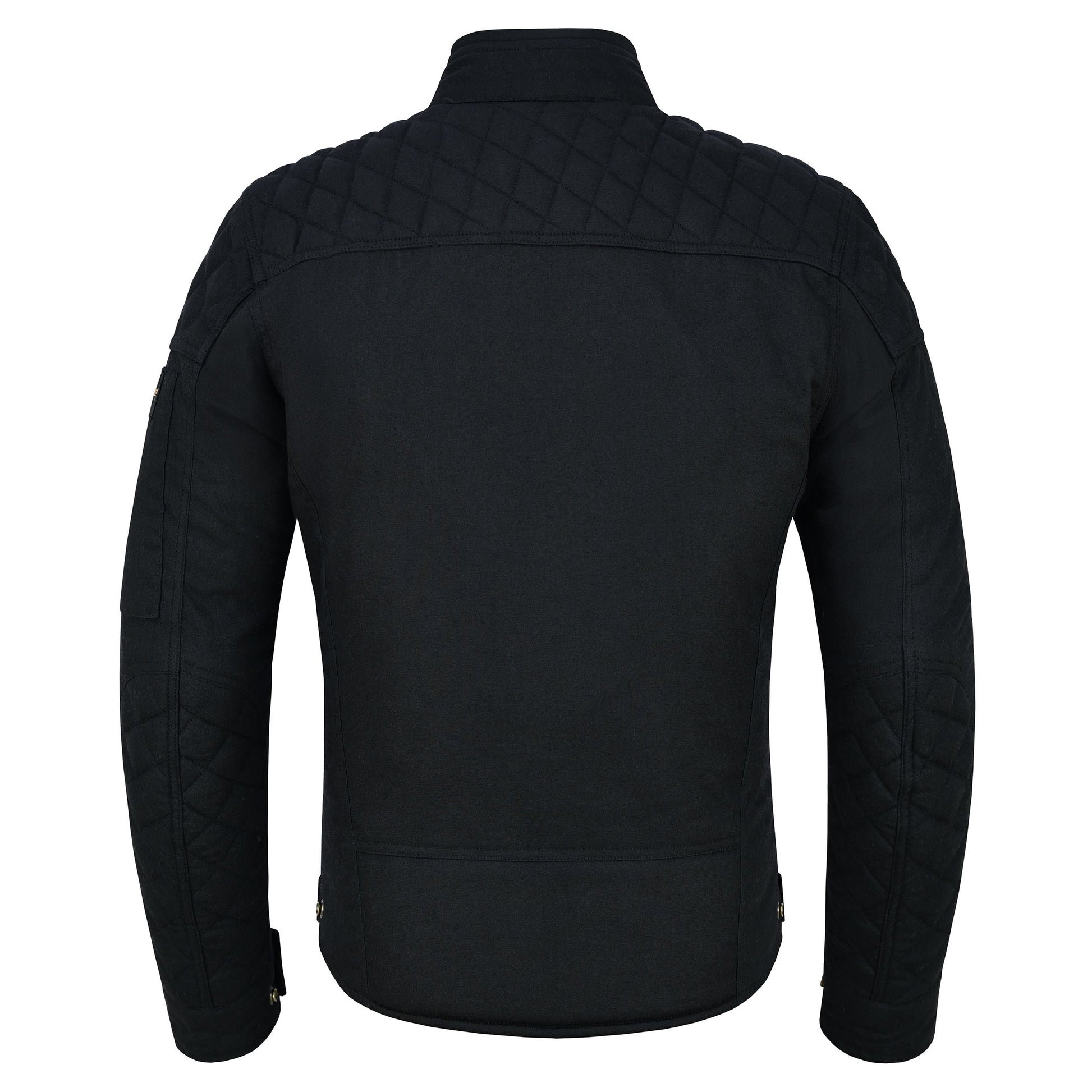 The full back view of the black riding jacket, highlighting the quilted shoulder and upper back panels and the clean, classic tailoring of the main body, set against a white studio background.