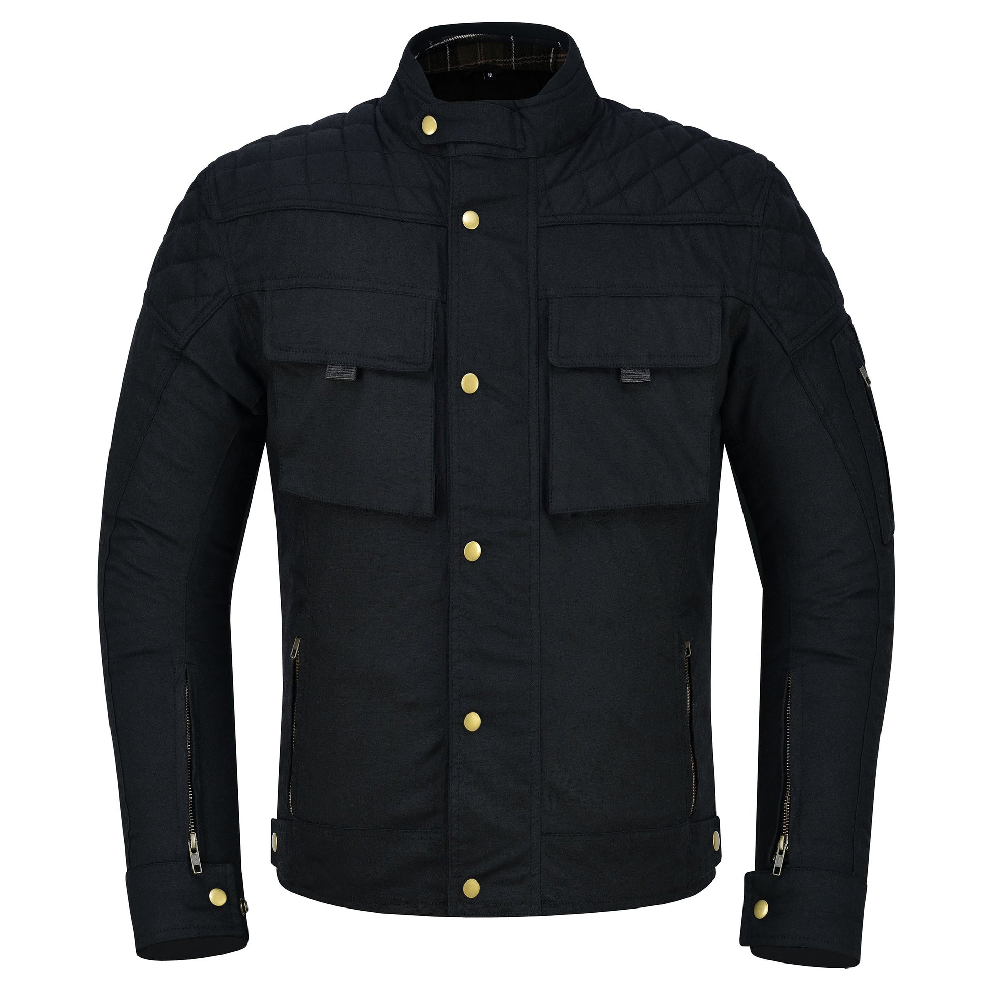 A black, quilted, wax-cotton-style motorcycle jacket with gold snap buttons, four flap pockets, and zipper details on the sleeves and waist, shown against a pure white backdrop.