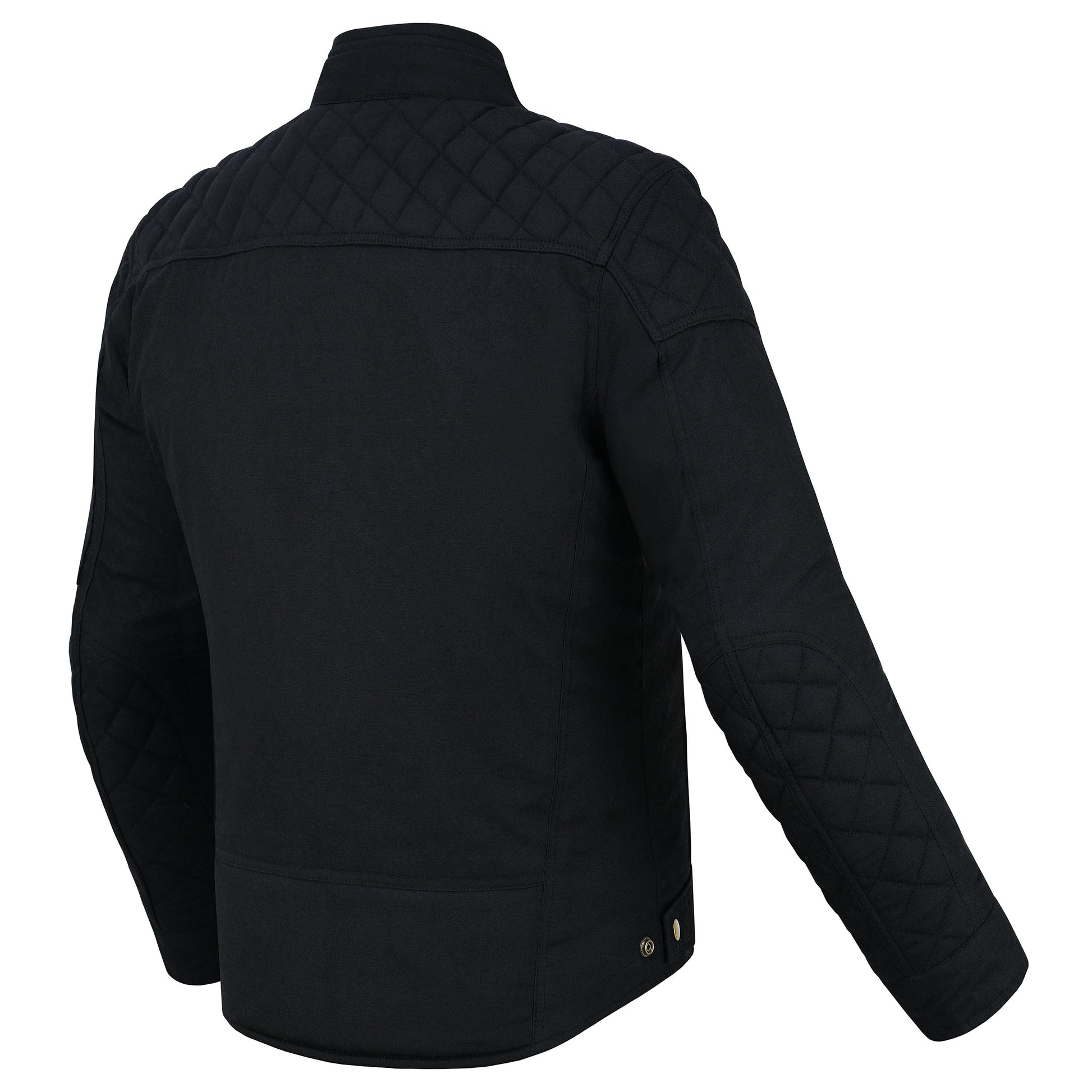 Three-quarter rear and side view of the black motorcycle jacket, clearly showing the tailored fit, the quilted shoulder/upper back panel, and the quilted elbow patches.