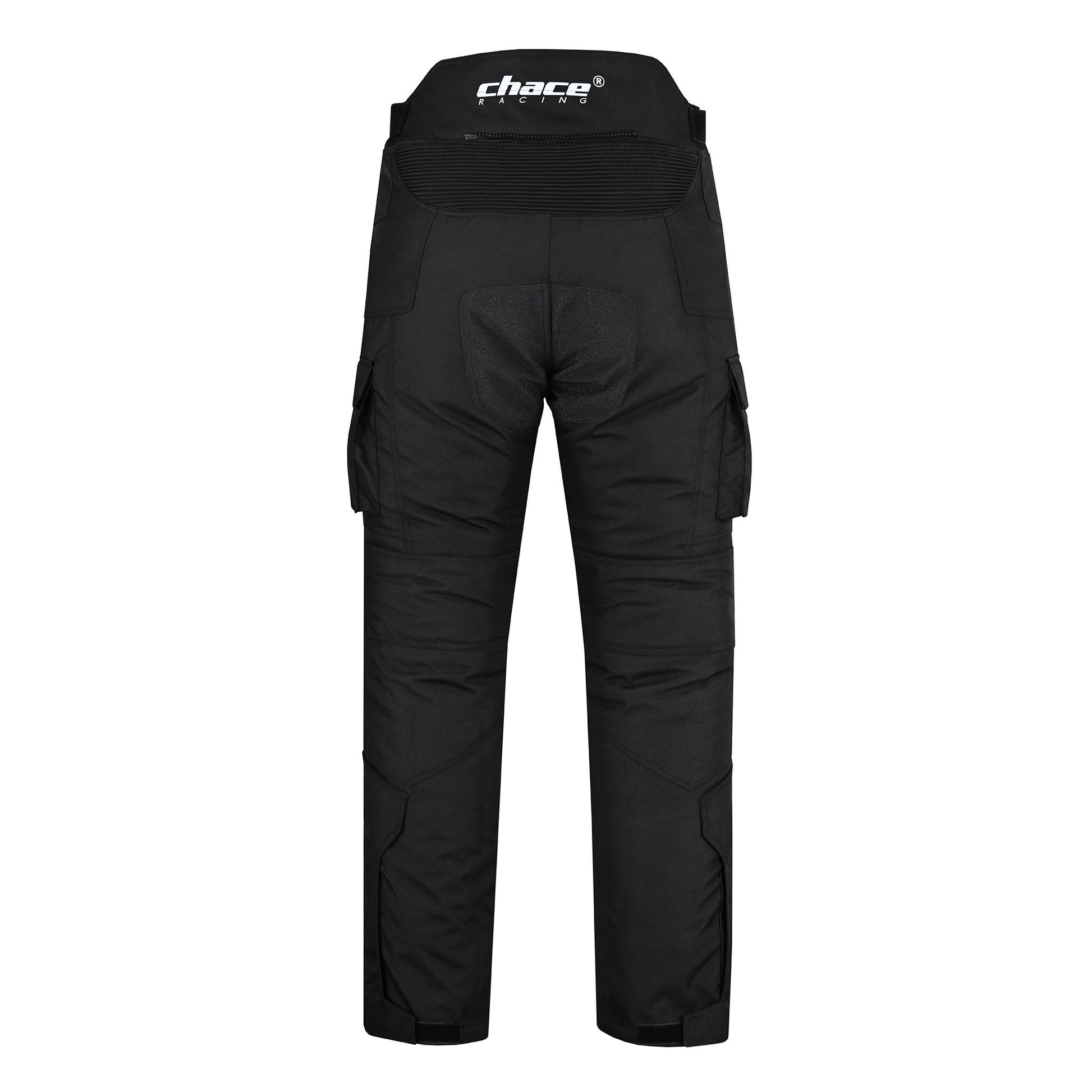 Full rear view of the black textile Stratus motorbike trousers, highlighting the accordion stretch panel at the waist, contoured seat, and large rear cargo pockets.