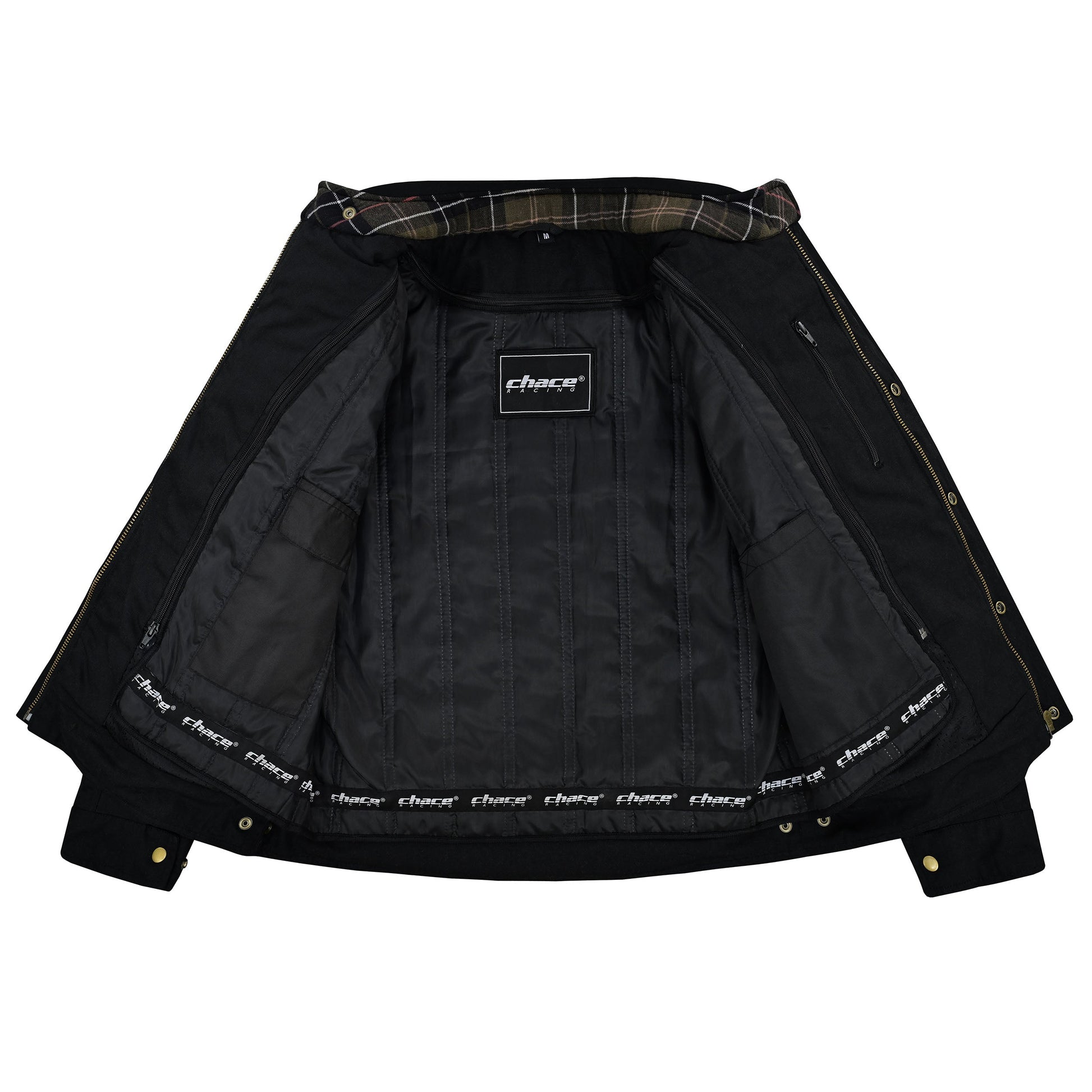 The black motorcycle jacket is fully open, showcasing the removable, quilted thermal lining, the tartan plaid collar detail, and the branded lining strip at the bottom.