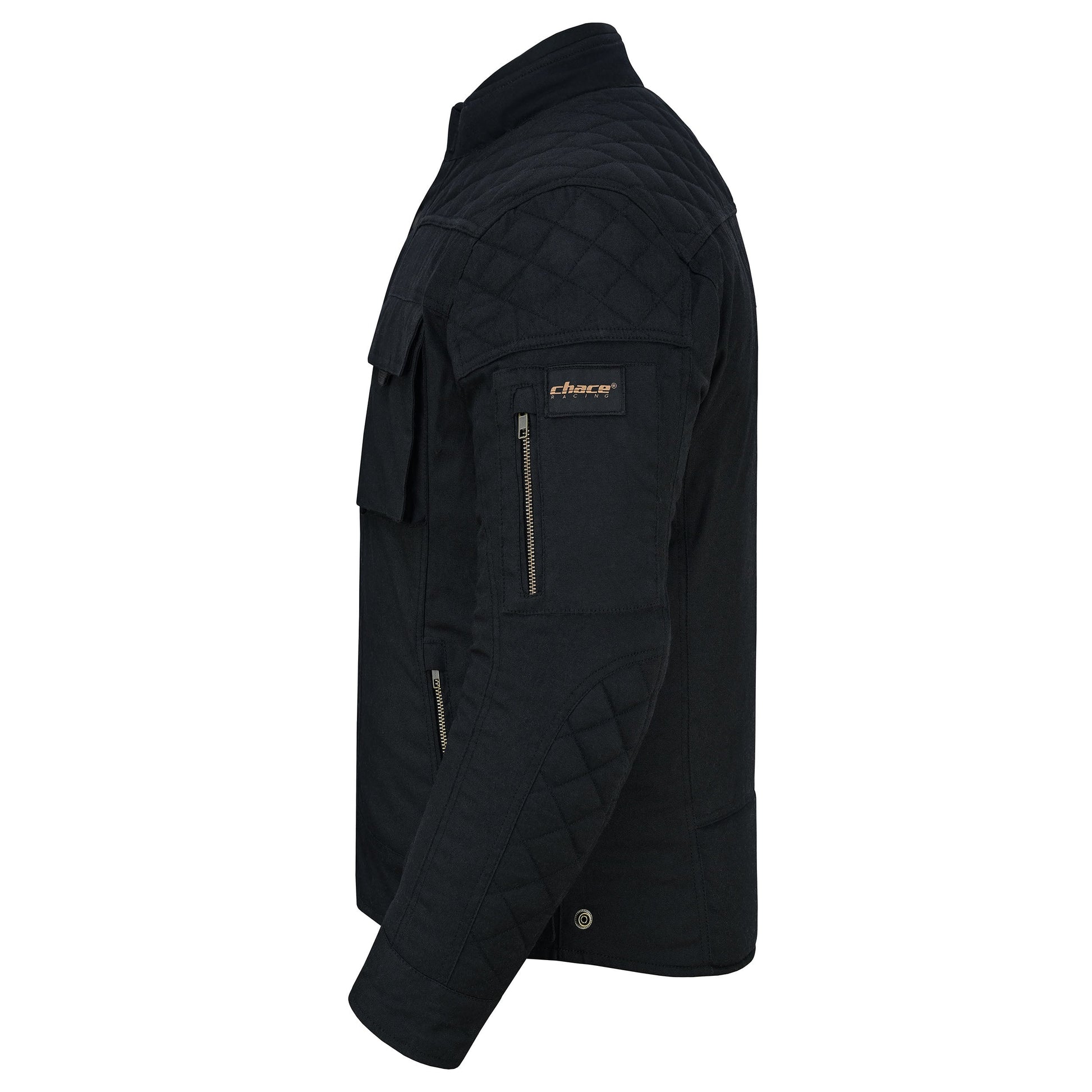 Full profile view of the black motorcycle jacket showing the quilted sleeve patches, a zippered bicep pocket with a "chace" logo tag, and the waist adjuster details on a white background.
