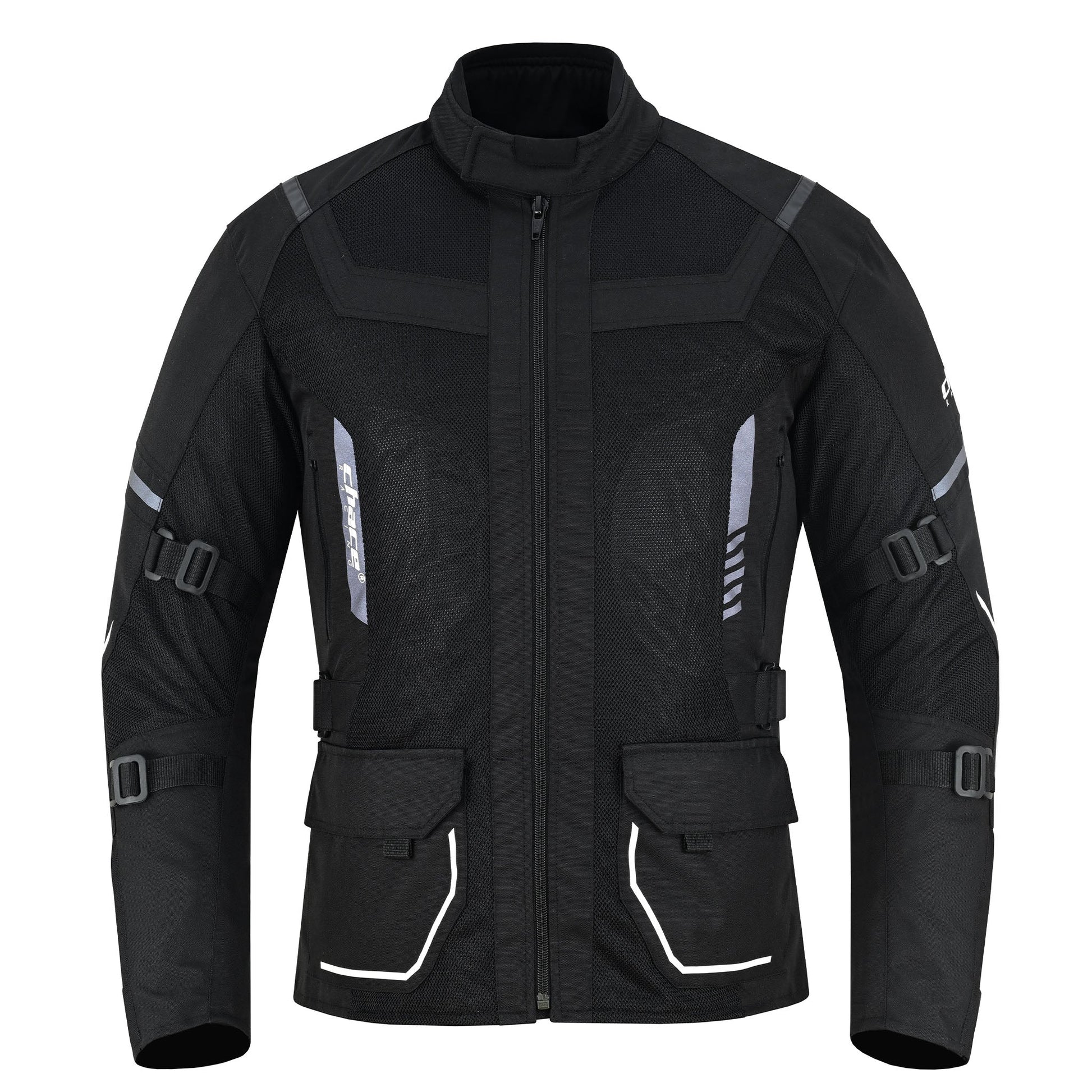 Full front view of a black mesh textile motorcycle jacket with four external pockets, adjustable straps on the sleeves and waist, and reflective silver accents.