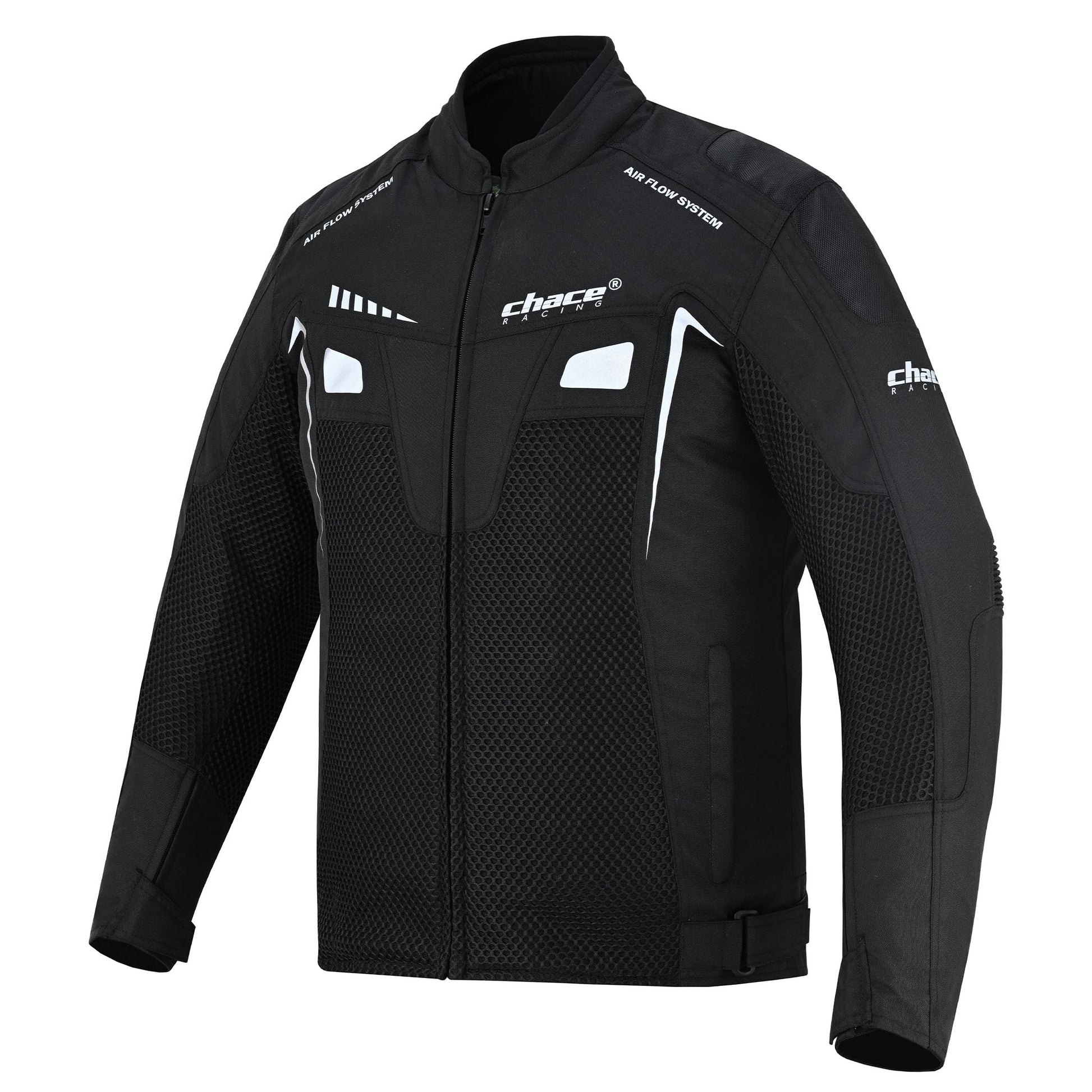 Angled three-quarter front view of the black Chace Volt motorcycle jacket, showcasing the breathable mesh torso, reflective white accents, 'Air Flow System' text, and side-adjuster straps.