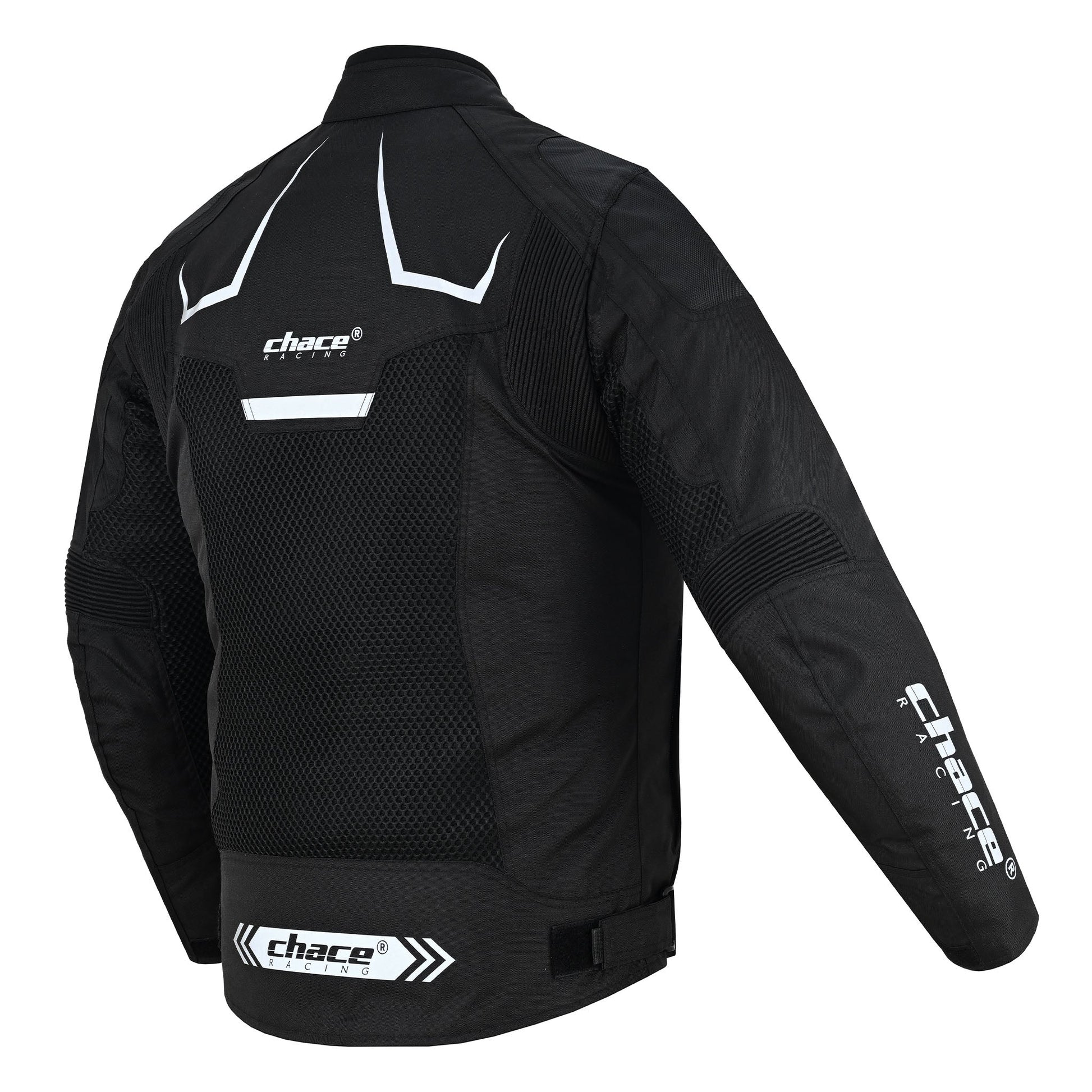Full rear view of the black Chace Volt textile motorcycle jacket, showing the large central breathable mesh panel, white reflective stripes, and large Chace Racing logo at the lower back hem.
