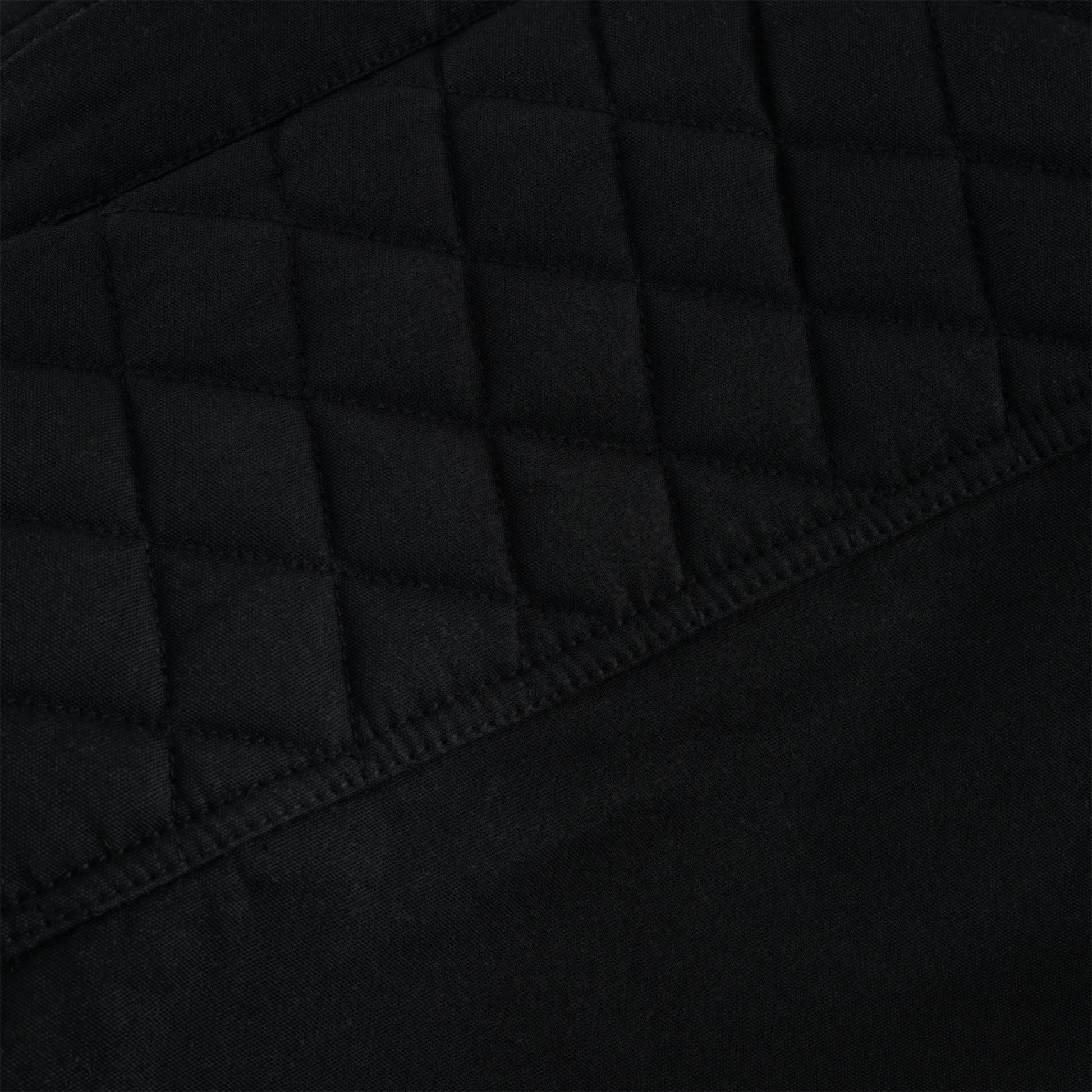 Extreme close-up of the black waxed cotton jacket fabric, focusing on the texture of the material and the precise diamond pattern of the quilted stitching.
