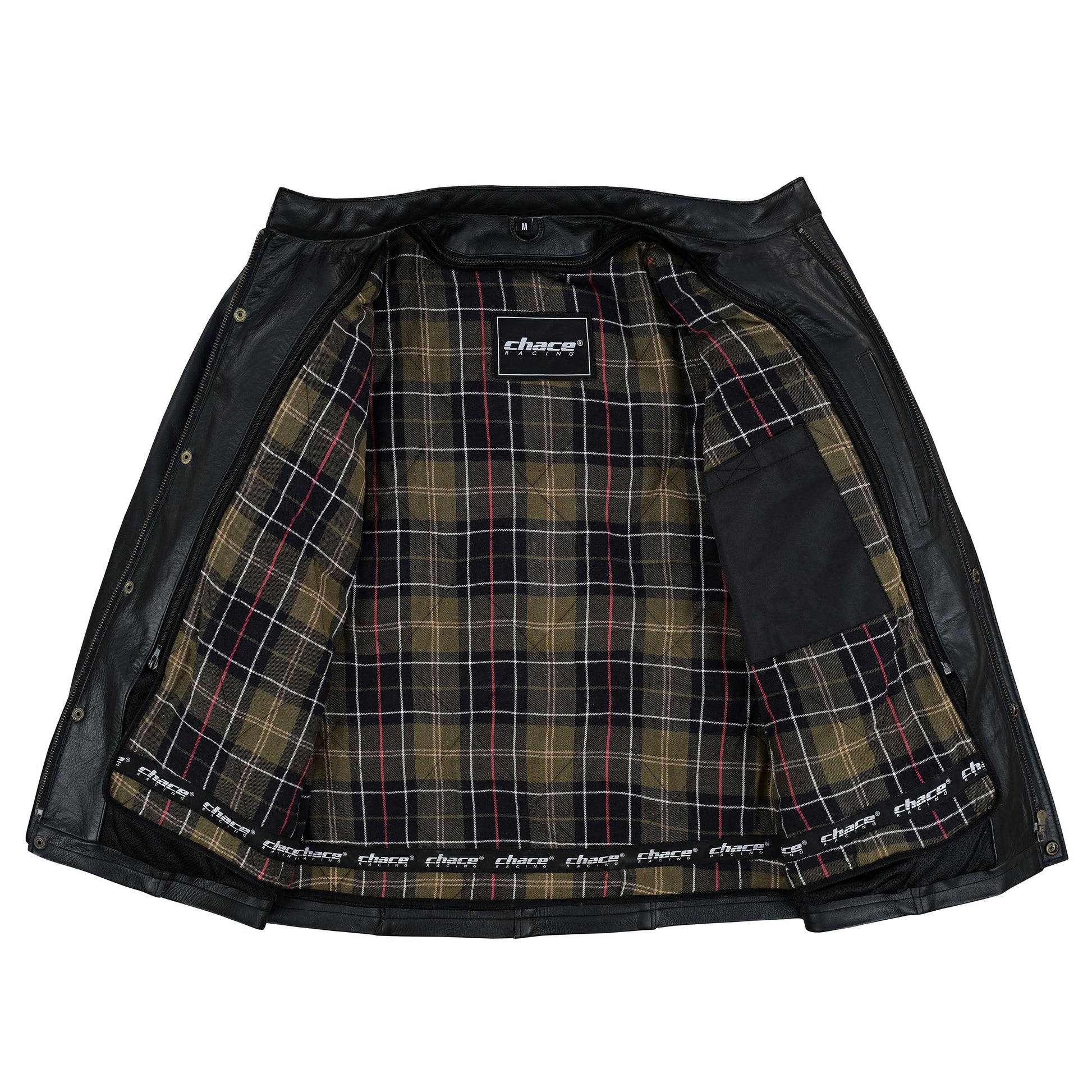 Wide view of the leather jacket interior, showing the full spread of the quilted tartan lining, the Chace Racing inner brand tag, and a large internal patch pocket.
