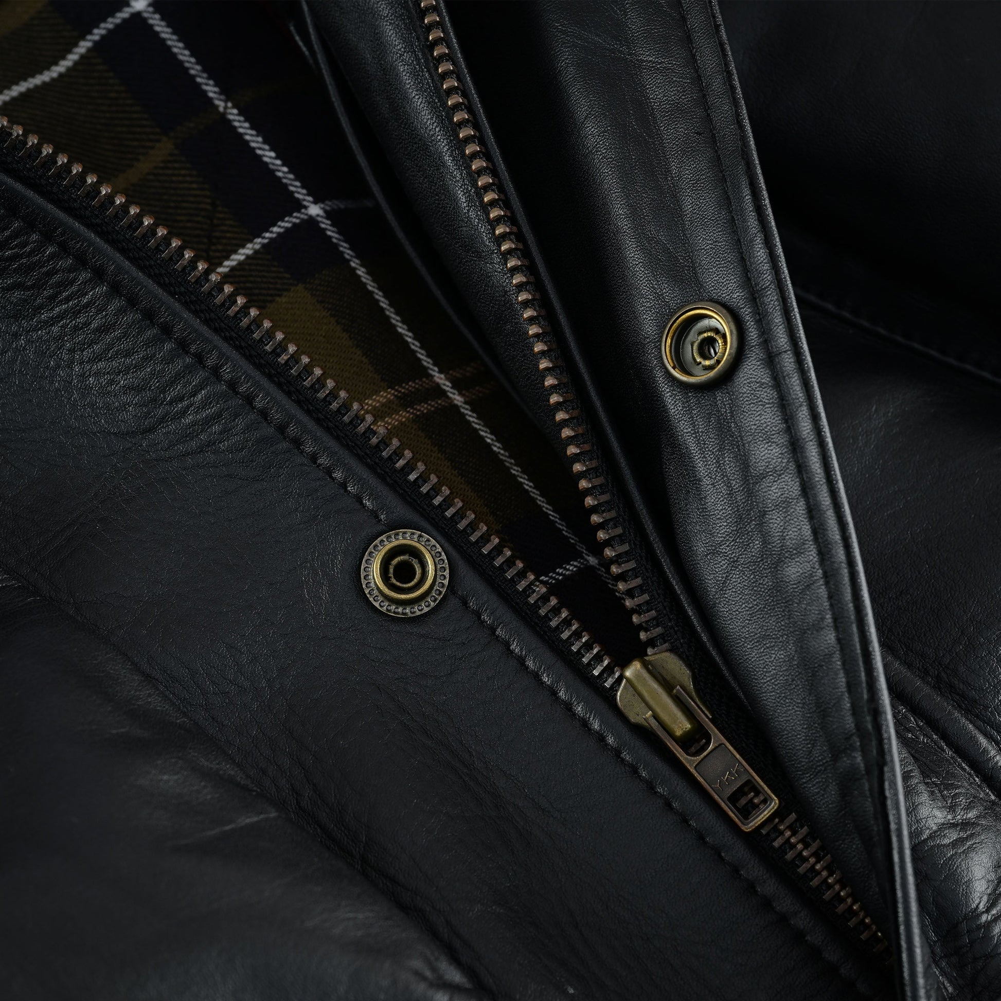 Close-up of the jacket's center closure, showing the heavy-duty brass main zipper, the surrounding leather texture, and brass snap buttons on the storm flap.