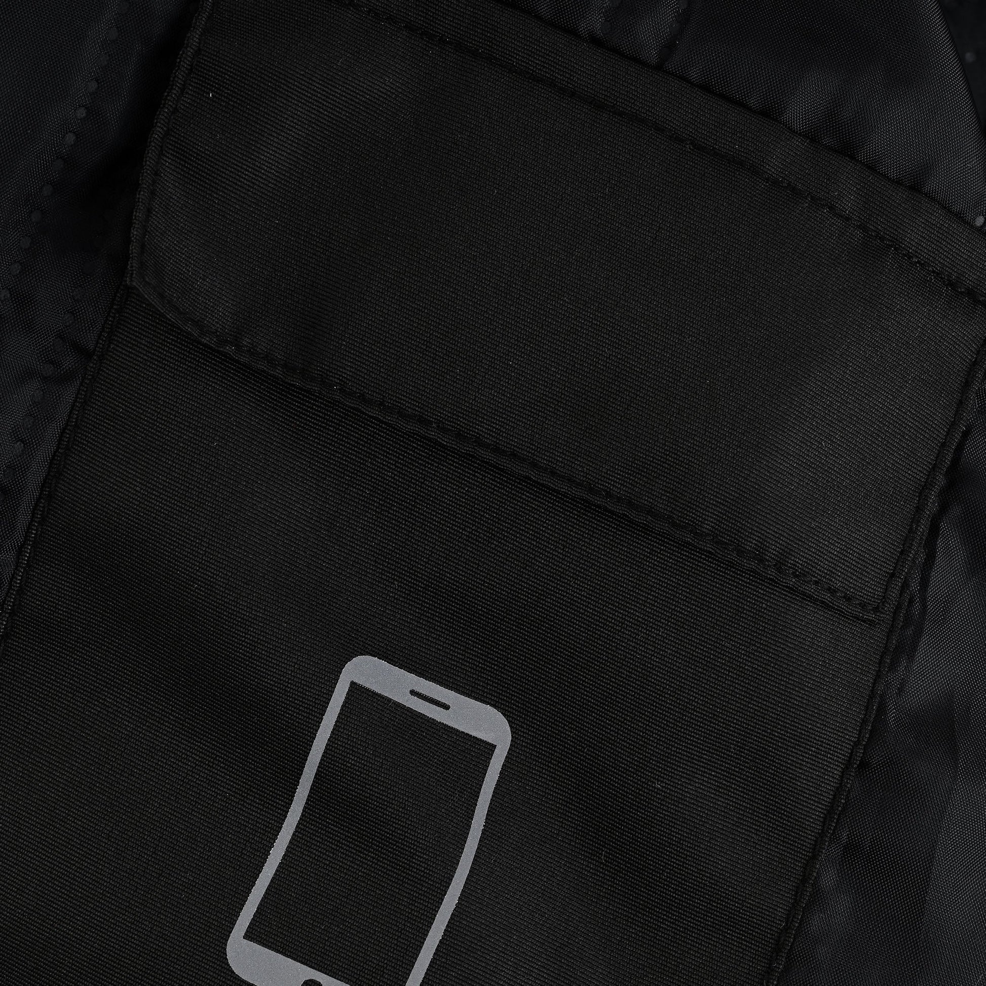 Close-up of an internal pocket, clearly marked with a cell phone icon graphic, secured with a top flap, indicating a dedicated, protective storage area.