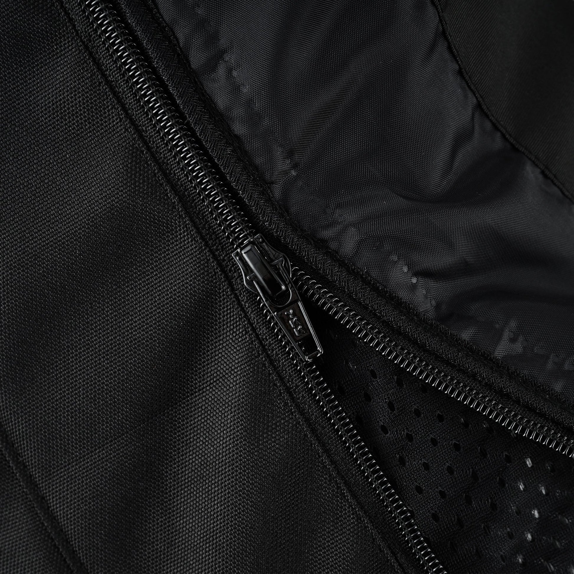 Close-up of the jacket's central closure, showing two parallel zippers, one being the heavy-duty main closure and the other for zipping in the internal thermal liner.