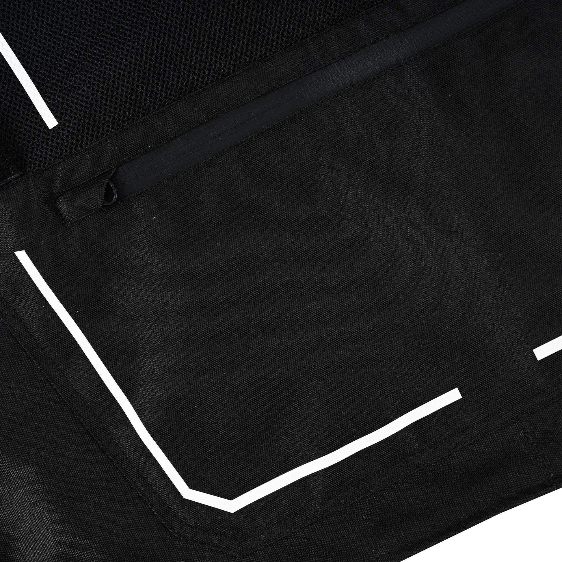 Close-up of the lower front cargo pocket, showing the white reflective L-shaped outline of the pocket and a small black zipper for an adjacent storage area or vent.