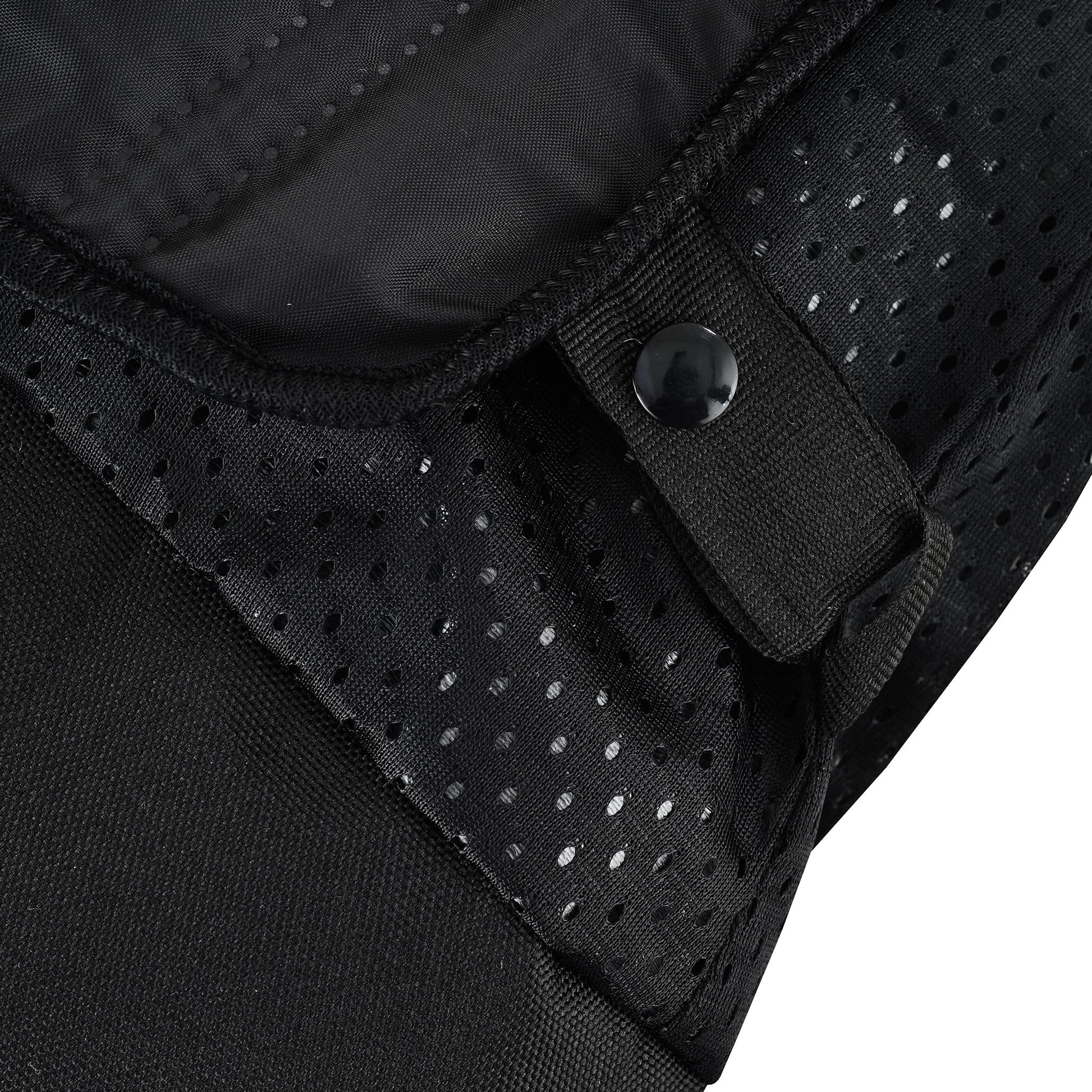 Close-up of the jacket-to-pant attachment loop, showing a black snap button on a textile strap against a perforated mesh material.
