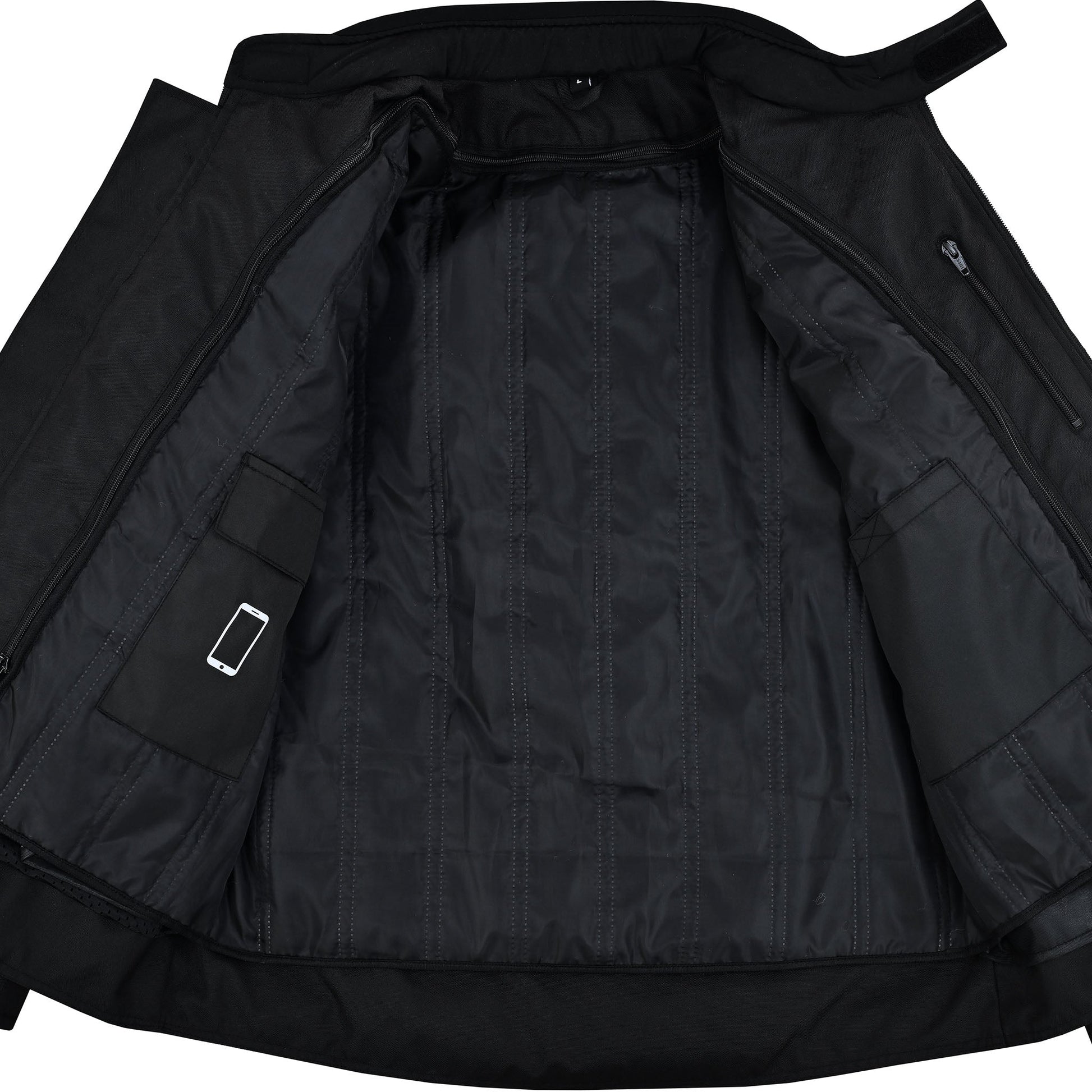 The jacket is open, revealing the removable quilted thermal liner, which includes an internal pocket with a cell phone icon and other storage pockets.