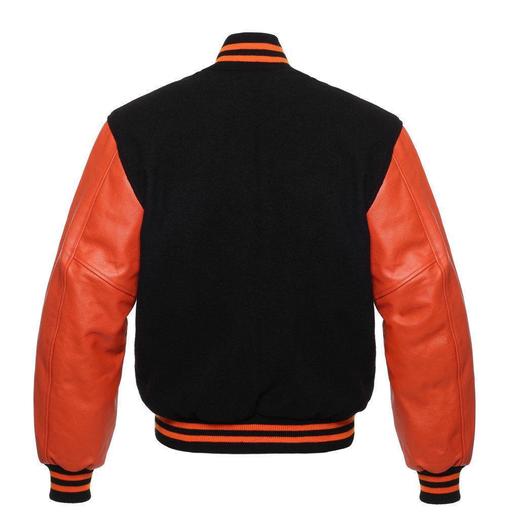 Warrior Gears® Classic Varsity Jacket University Letterman Bomber Jacket- Black Pure Wool Body & Orange Real Leather Sleeves - Warrior Gears