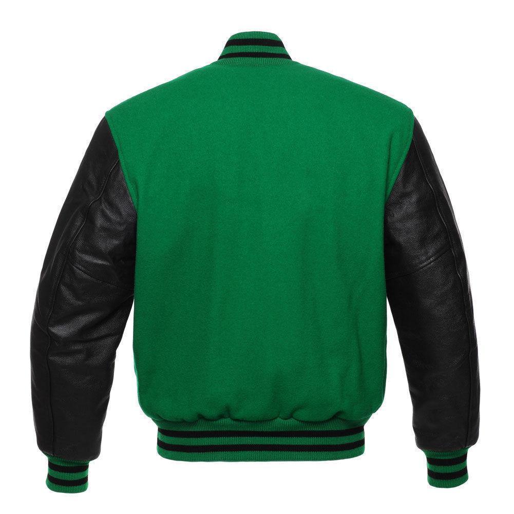 Warrior Gears® Classic Varsity Jacket University Letterman Bomber Jacket- Green Pure Wool Body & Black Real Leather Sleeves - Warrior Gears
