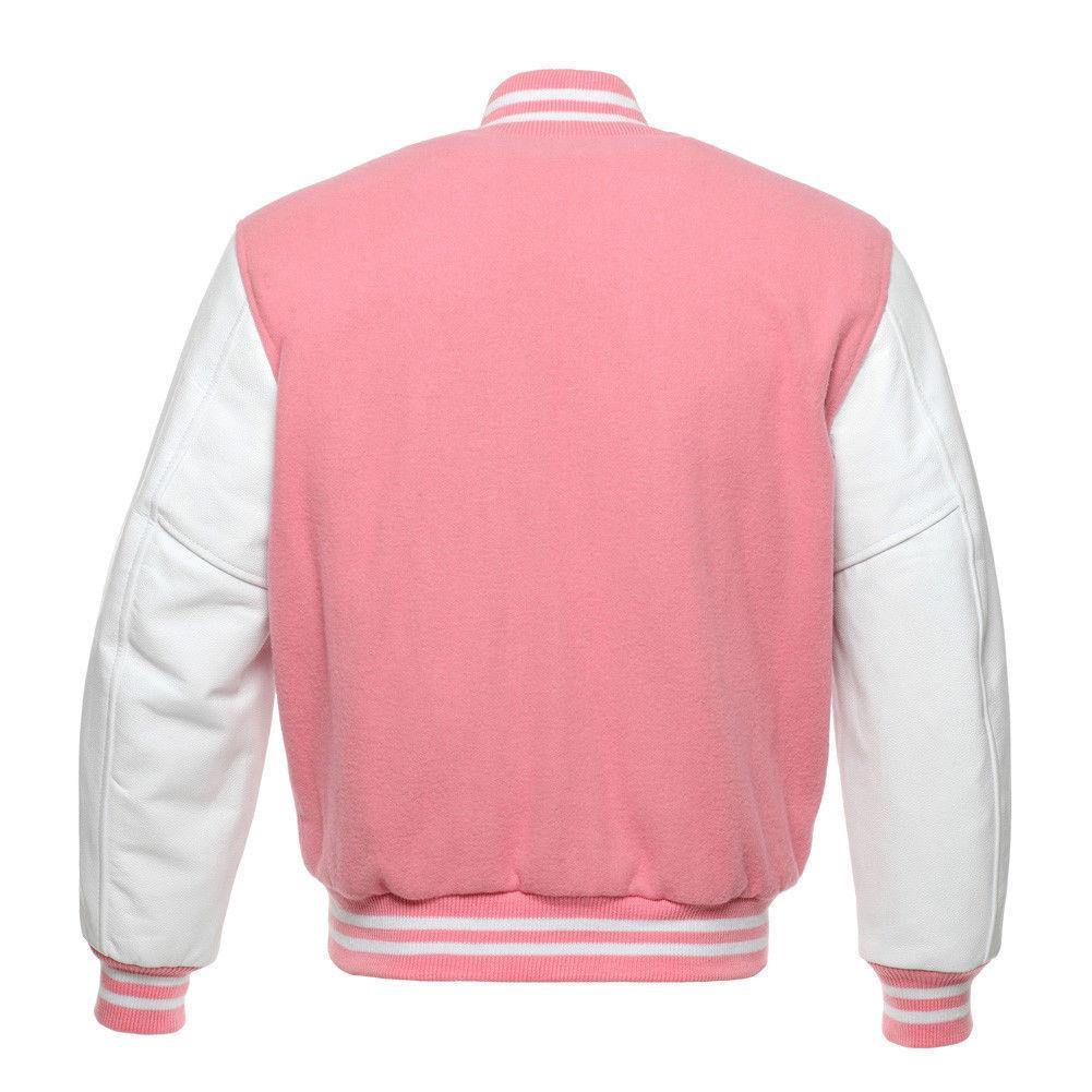 Warrior Gears® Classic Varsity Jacket University Letterman Bomber Jacket- Pink Pure Wool Body & White Real Leather Sleeves - Warrior Gears