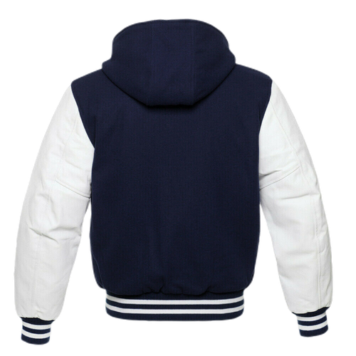 Warrior Gears Classic Varsity Jacket with Hood University Letterman Bomber Jacket- Navy Blue Pure Wool Body & White Real Leather Sleeves - Warrior Gears