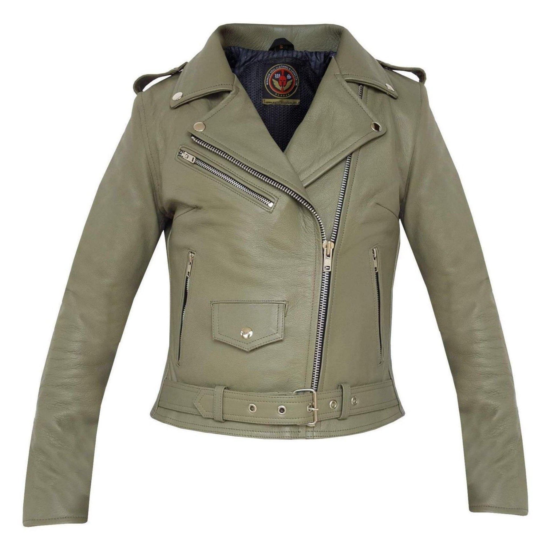 Warrior Gears® Brando Style Ladies Leather Motorcycle Jacket -Olive - Warrior Gears