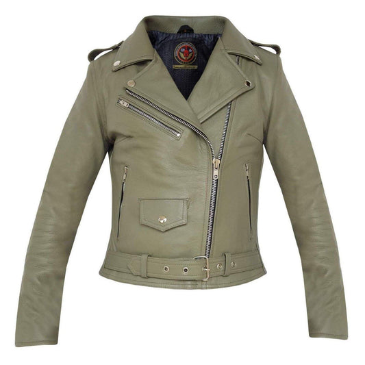 Warrior Gears® Brando Style Ladies Leather Motorcycle Jacket -Olive - Warrior Gears