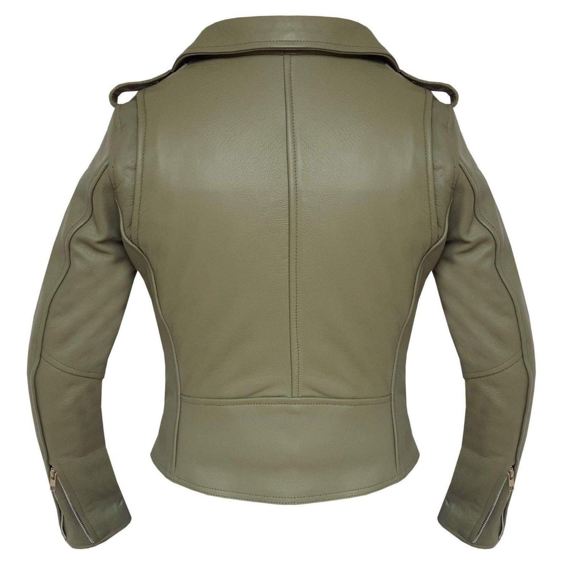 Warrior Gears® Brando Style Ladies Leather Motorcycle Jacket -Olive - Warrior Gears