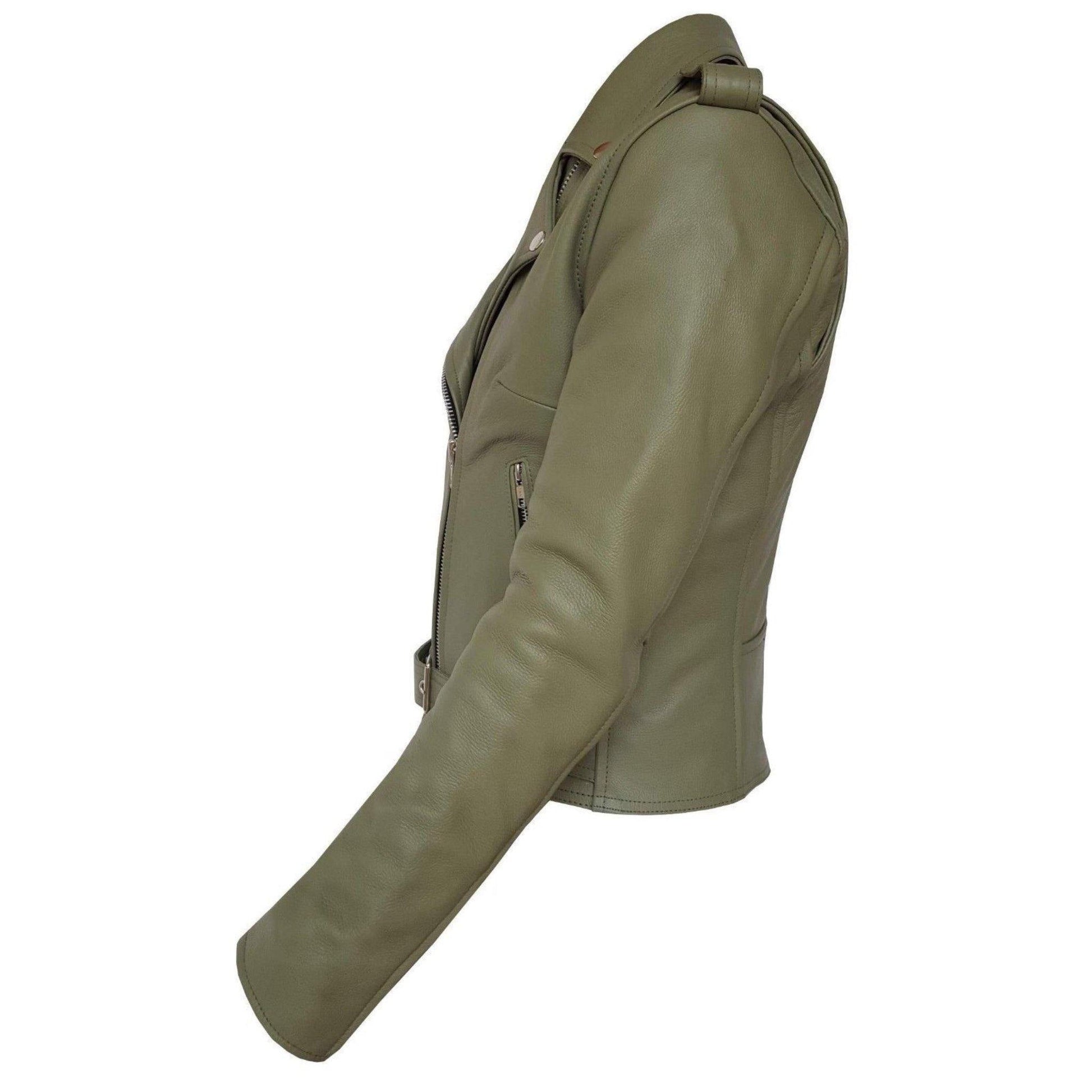 Warrior Gears® Brando Style Ladies Leather Motorcycle Jacket -Olive - Warrior Gears