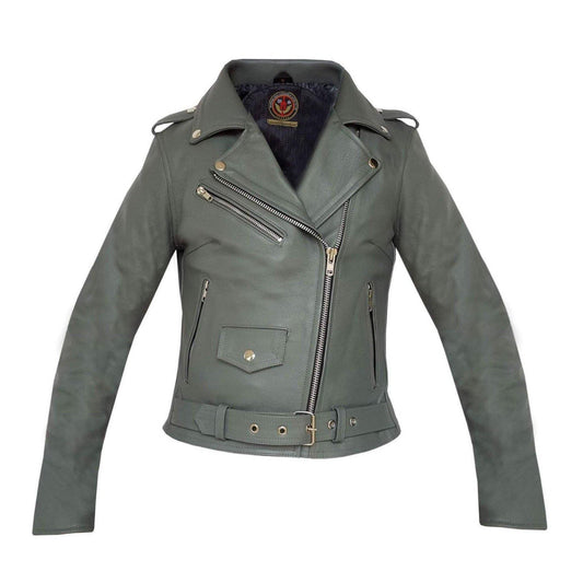 Warrior Gears® Brando Style Ladies Leather Motorcycle Jacket -Grey - Warrior Gears