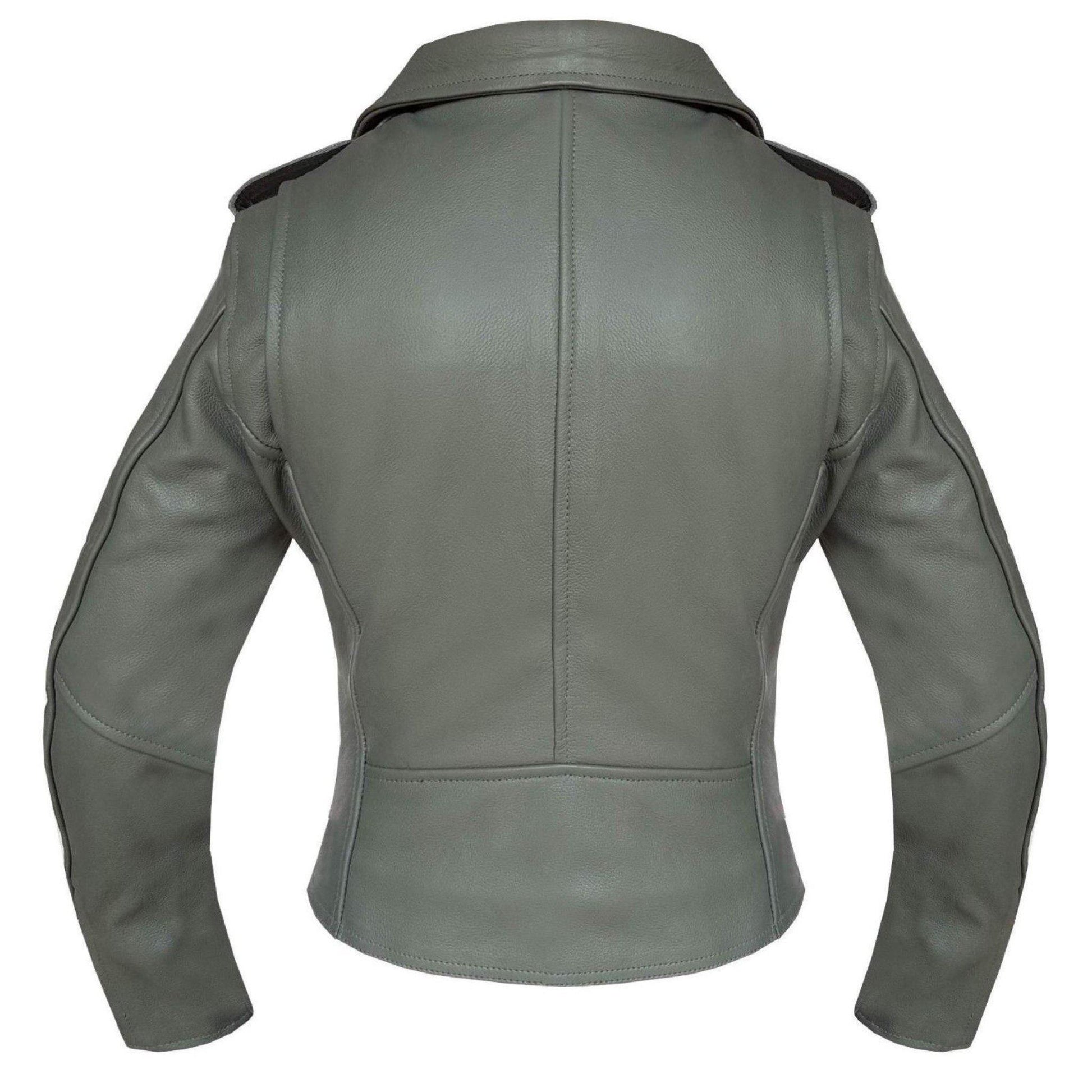 Warrior Gears® Brando Style Ladies Leather Motorcycle Jacket -Grey - Warrior Gears