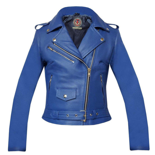 Warrior Gears® Brando Style Ladies Leather Motorcycle Jacket - Blue - Warrior Gears
