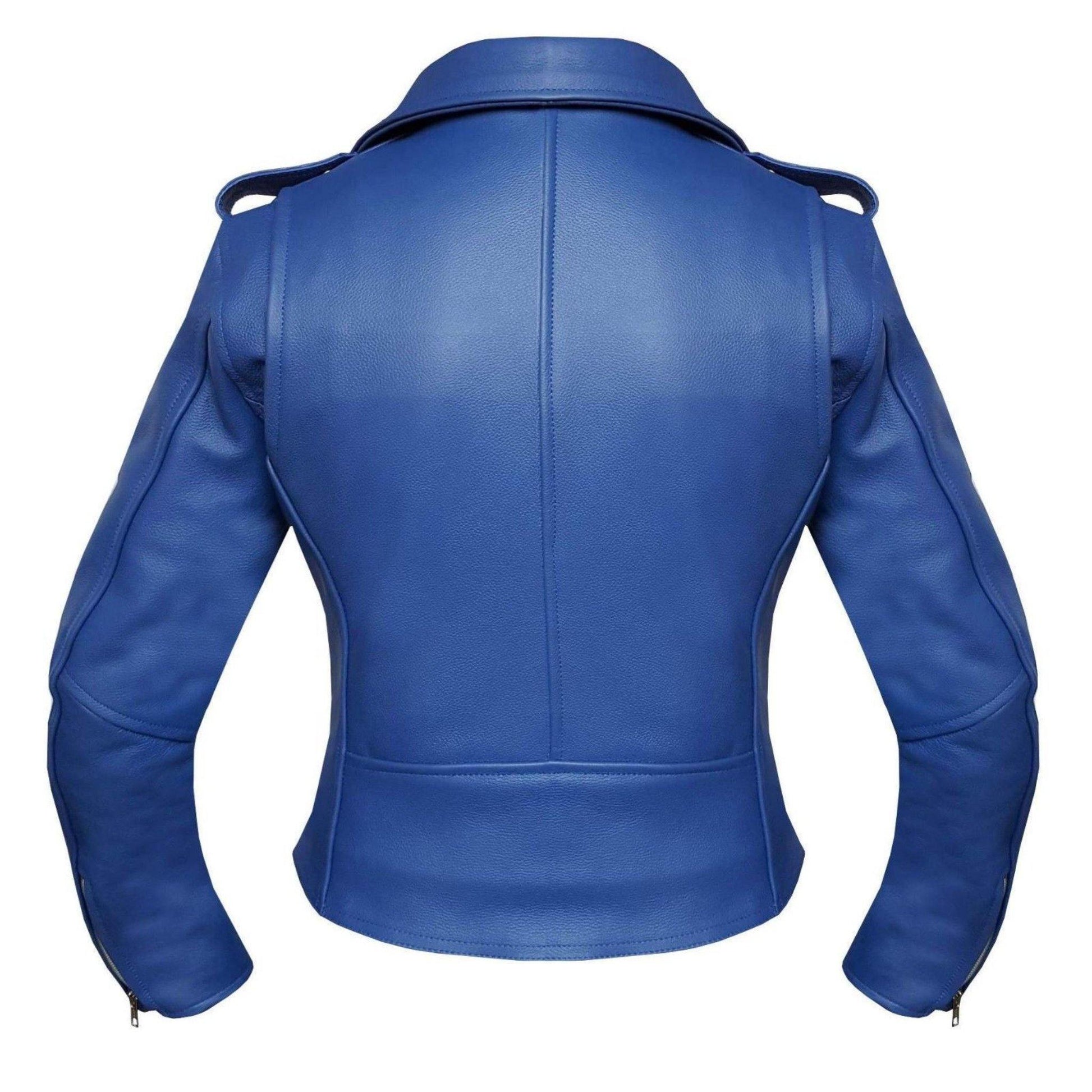 Warrior Gears® Brando Style Ladies Leather Motorcycle Jacket - Blue - Warrior Gears