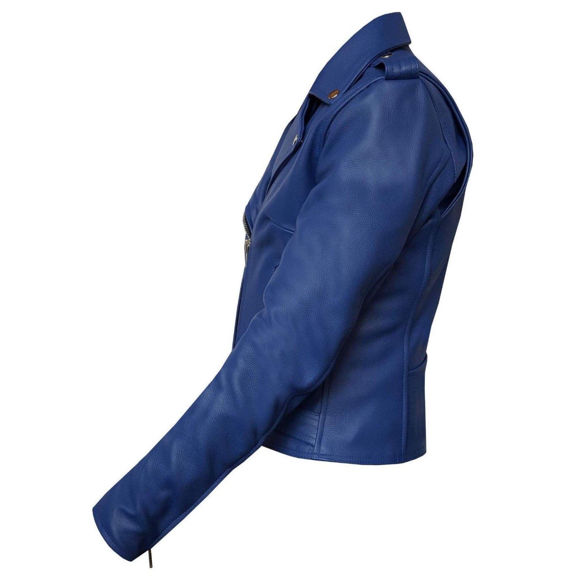Warrior Gears® Brando Style Ladies Leather Motorcycle Jacket - Blue - Warrior Gears