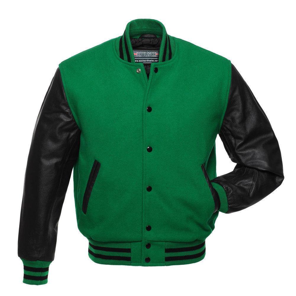 Warrior Gears® Classic Varsity Jacket University Letterman Bomber Jacket- Green Pure Wool Body & Black Real Leather Sleeves - Warrior Gears