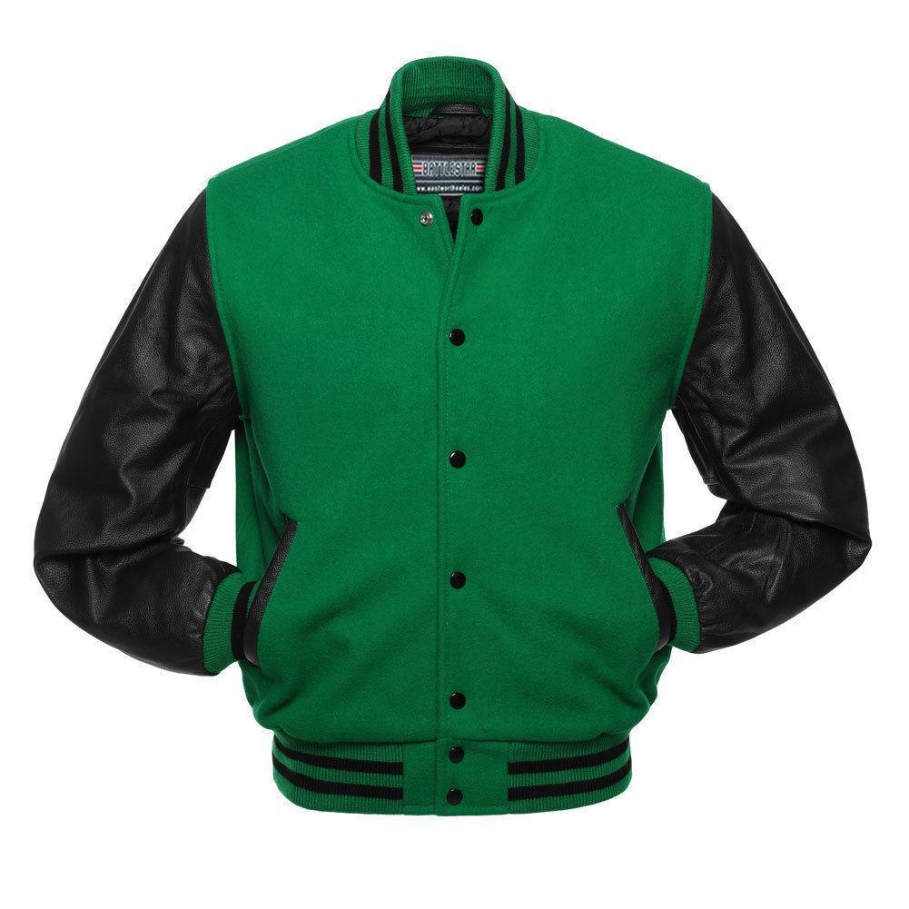 Warrior Gears® Classic Varsity Jacket University Letterman Bomber Jacket- Green Pure Wool Body & Black Real Leather Sleeves - Warrior Gears