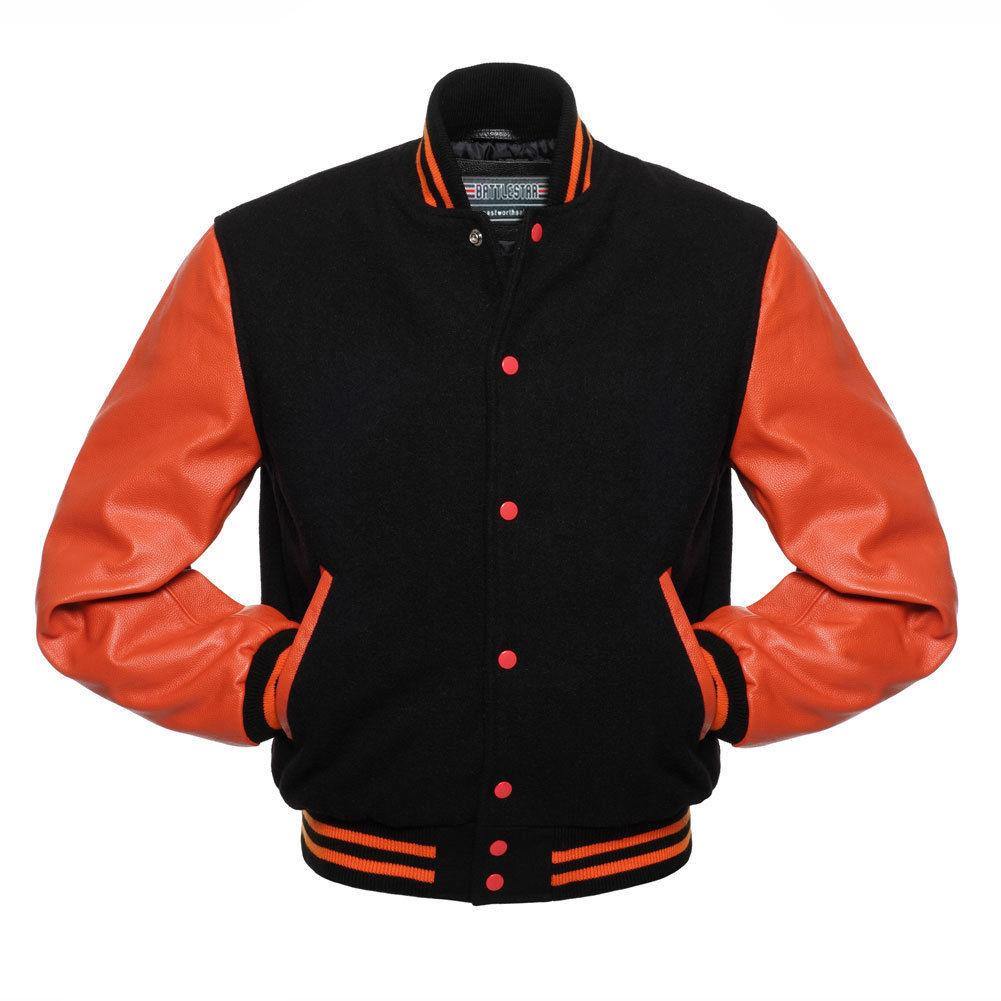 Warrior Gears® Classic Varsity Jacket University Letterman Bomber Jacket- Black Pure Wool Body & Orange Real Leather Sleeves - Warrior Gears