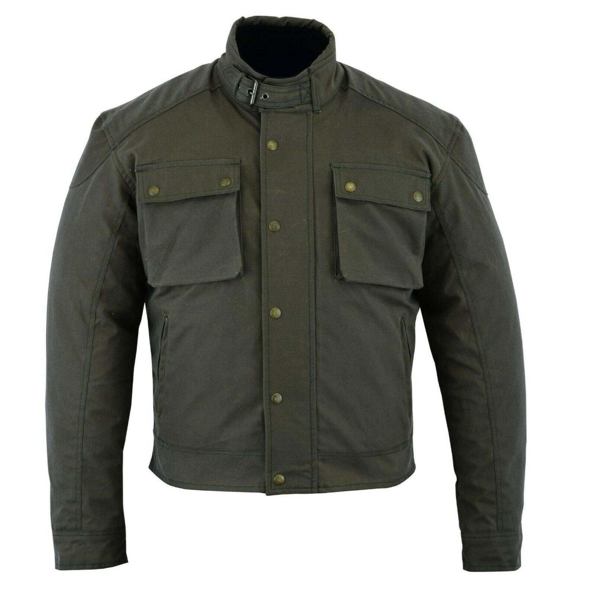 Warrior Gears Short Body Men's Wax Cotton Motorcycle Jacket in Military Green – Waterproof, CE Armoured, and Breathable Biker Jacket