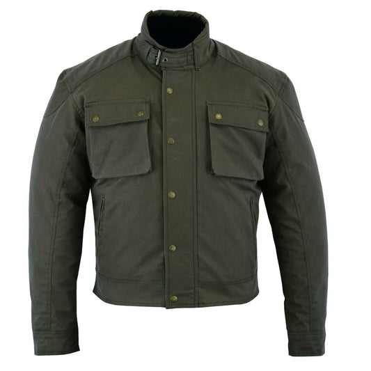 Warrior Gears Short Body Men's Wax Cotton Motorcycle Jacket in Military Green – Waterproof, CE Armoured, and Breathable Biker Jacket