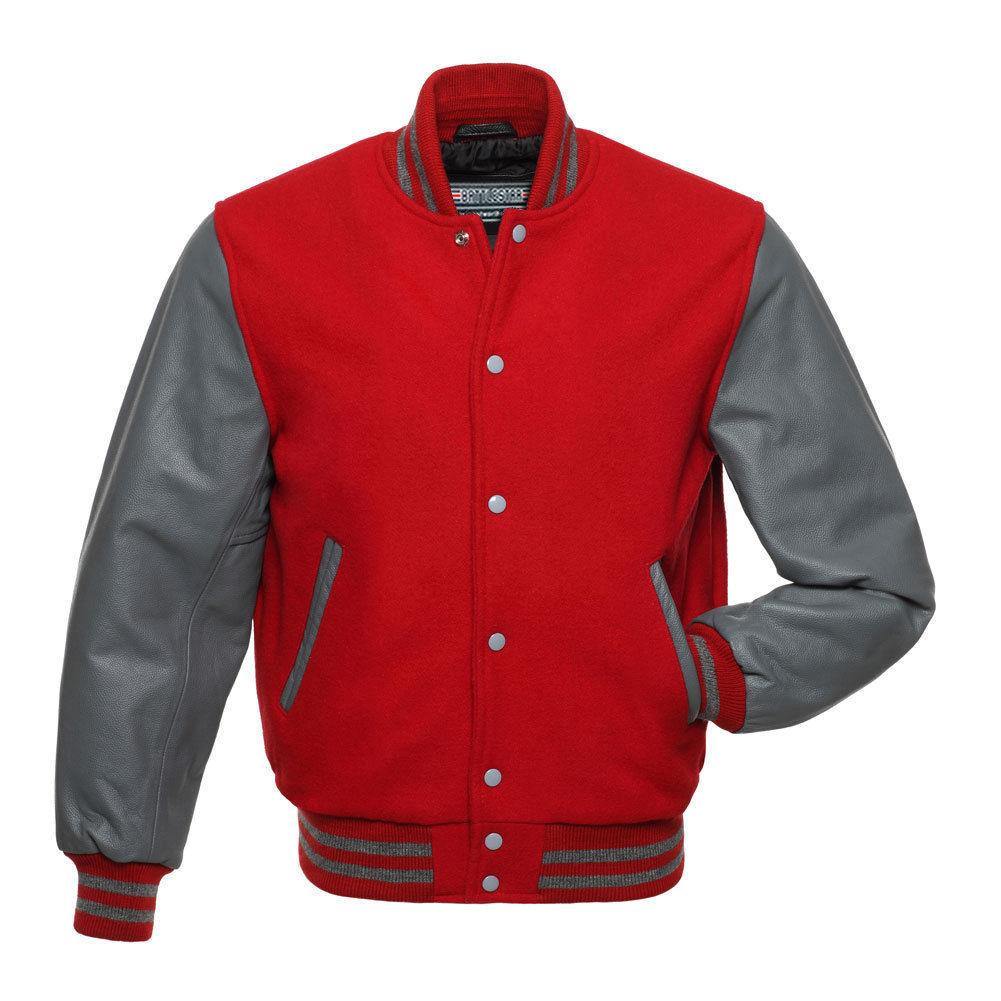 Warrior Gears® Classic Varsity Jacket University Letterman Bomber Jacket-Red Pure Wool Body & Grey Real Leather Sleeves - Warrior Gears