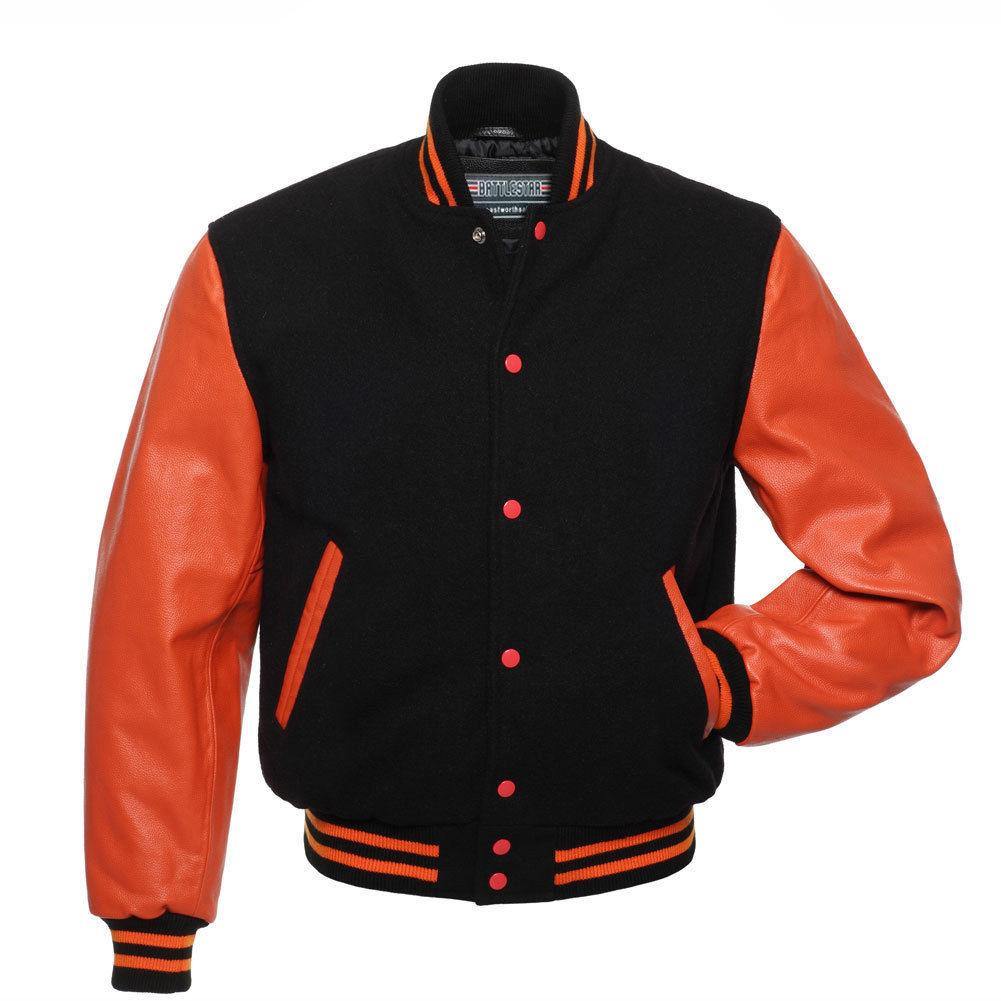 Warrior Gears® Classic Varsity Jacket University Letterman Bomber Jacket- Black Pure Wool Body & Orange Real Leather Sleeves - Warrior Gears