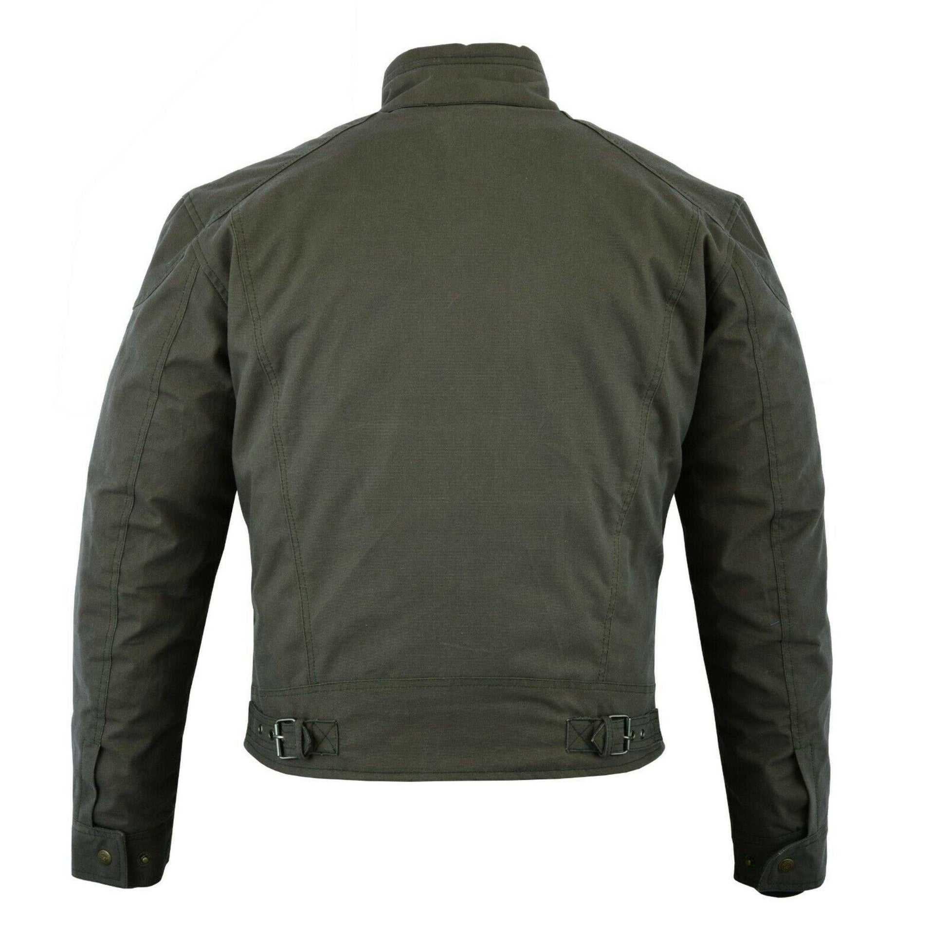 Back view of Warrior Gears® Military Green Wax Cotton Motorcycle Jacket with CE Protection