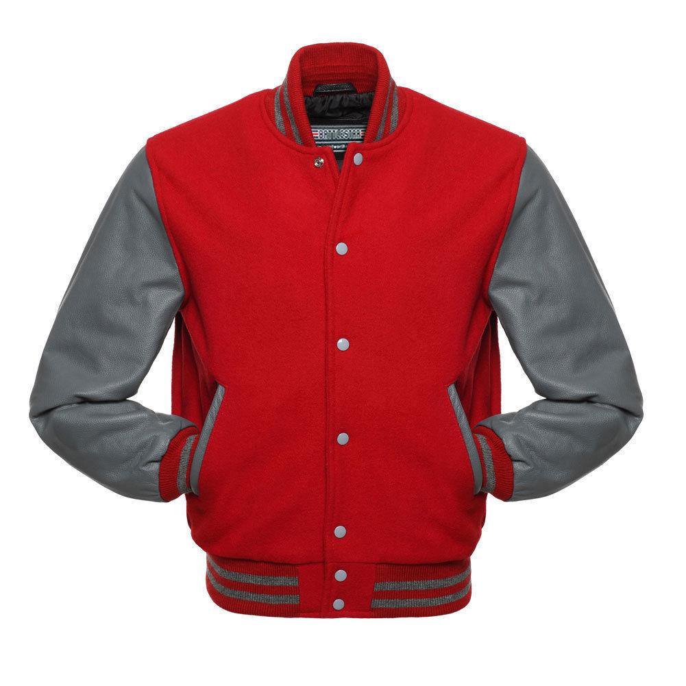 Warrior Gears® Classic Varsity Jacket University Letterman Bomber Jacket-Red Pure Wool Body & Grey Real Leather Sleeves - Warrior Gears