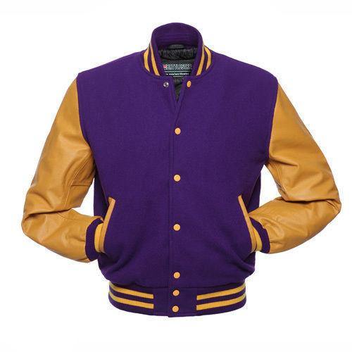 Warrior Gears® Classic Hybrid Varsity Jacket University Letterman Bomber Jacket- Purple Wool Body & Gold Real Leather Sleeves - Warrior Gears