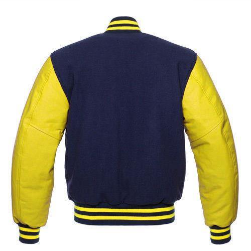 Warrior Gears® Classic Varsity Jacket University Letterman Bomber Jacket-Navy Blue Pure Wool Body & Yellow Real Leather Sleeves - Warrior Gears