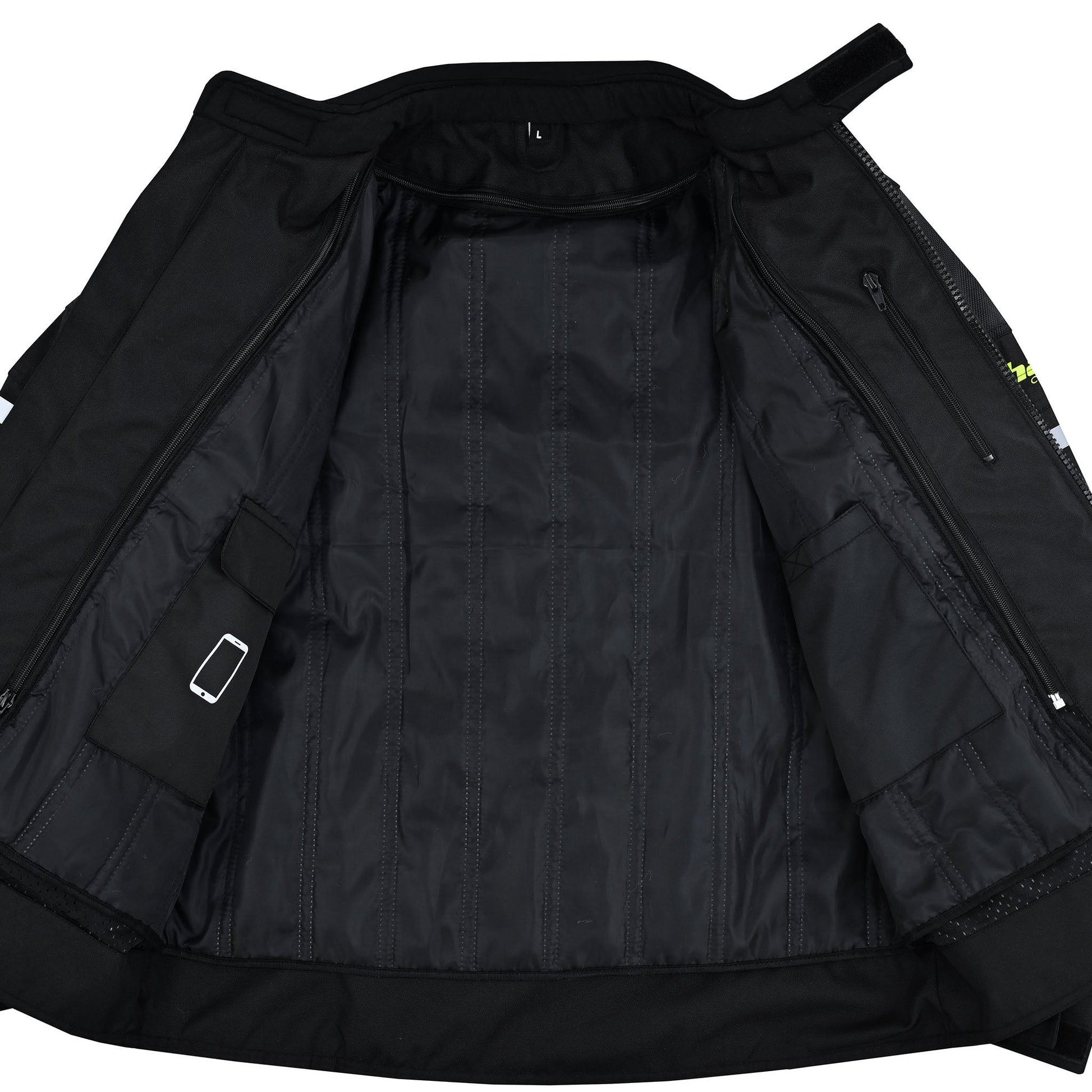 The black adventure jacket is open, revealing the removable quilted thermal liner, which includes two internal pockets, one with a specialized cell phone icon, confirming internal storage options.