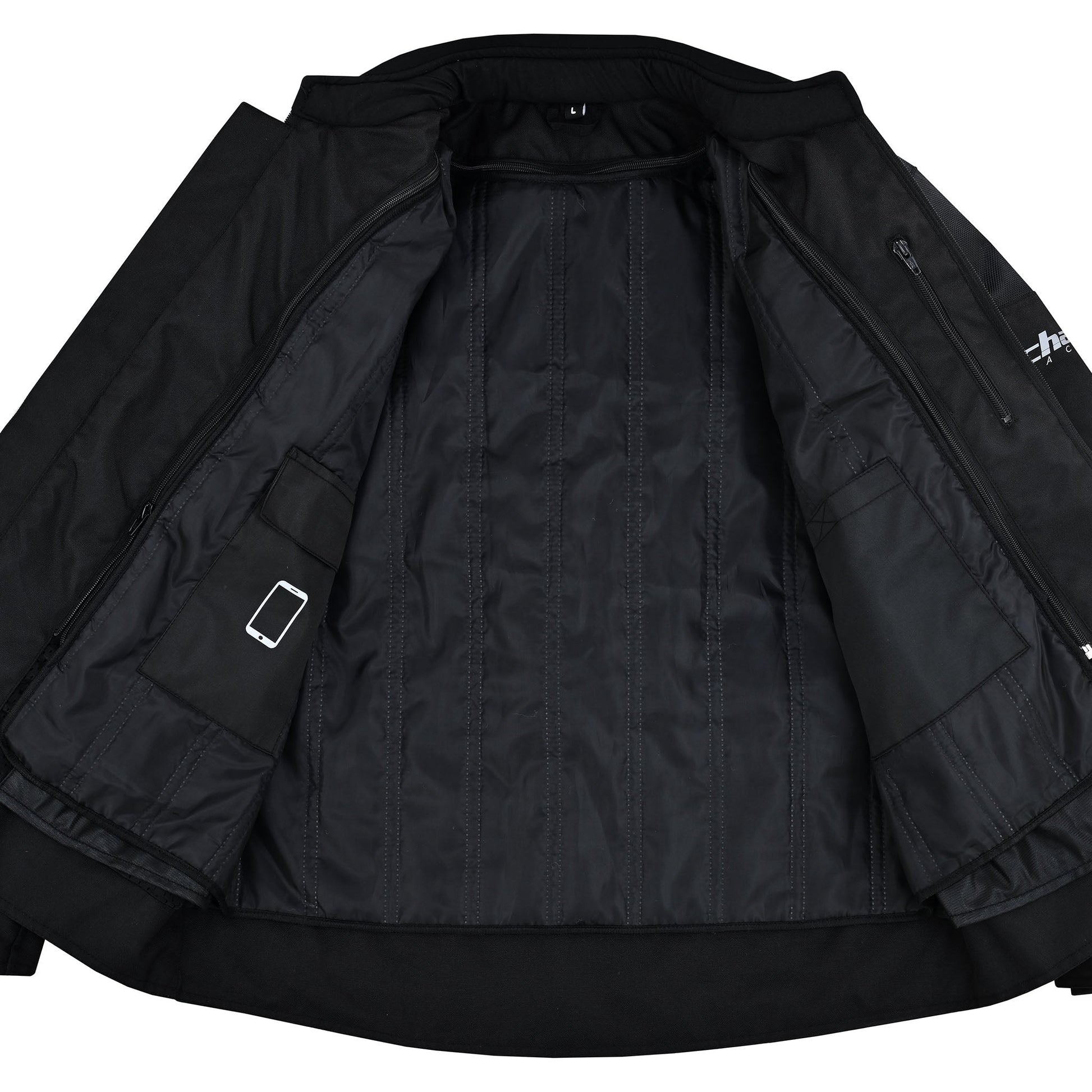 The black Chace Volt jacket is fully opened, displaying the removable quilted thermal liner, which features internal pockets including a specialized cell phone pocket.